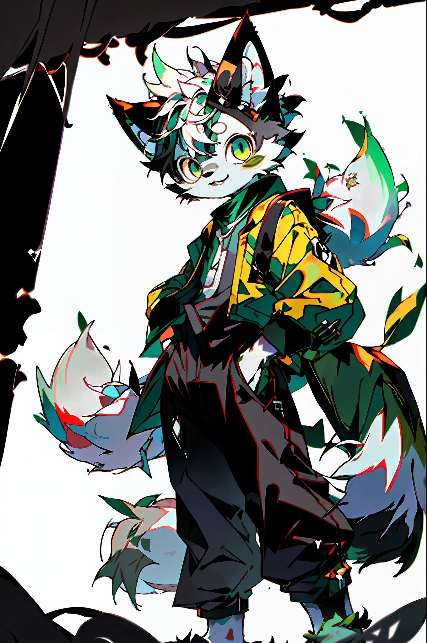 eyes with brightness, in a panoramic view, Character Focus Solo, shaggy, Furry male cat, White fur for men, Green eyes, Gray hair(The long)Junior style,Little cute, Will sell moe,Wear black clothes and pants,The characters are standing,coffeehouse