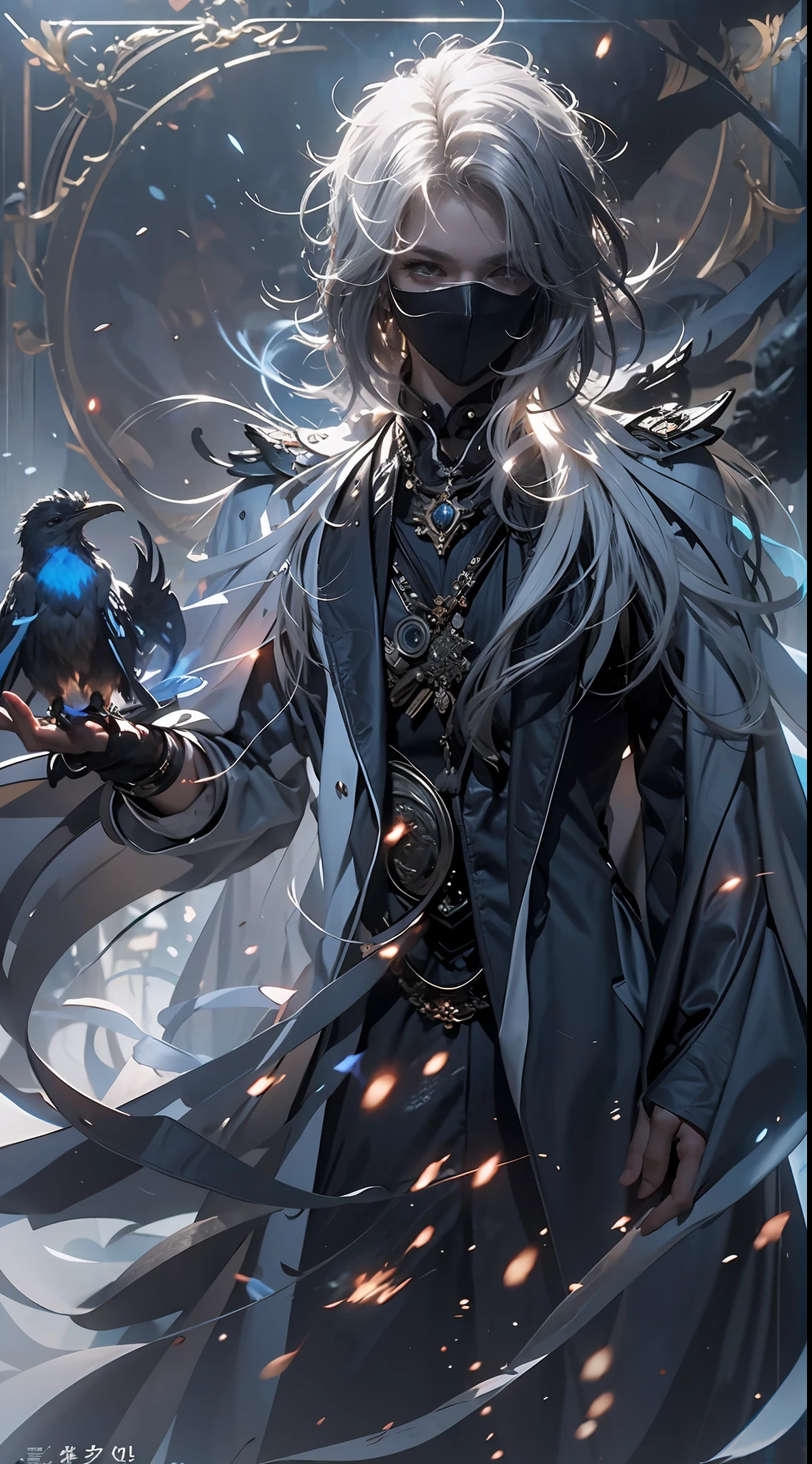 A high resolution，high detal，8K，（A boy:1.9），Handsome face，Black gauze covers the eyes，Swaying in the wind，Silvery-white short and medium hair standing on end，A gifted spell master，Black and white spell master set，Place two fingers on your chest with one hand，Sealing spells，Blue flame effect in the sealed position，A black, The red-eyed raven leaned on the boy's shoulder，The is very detailed，Ultra-high sharpness，Thick coating，