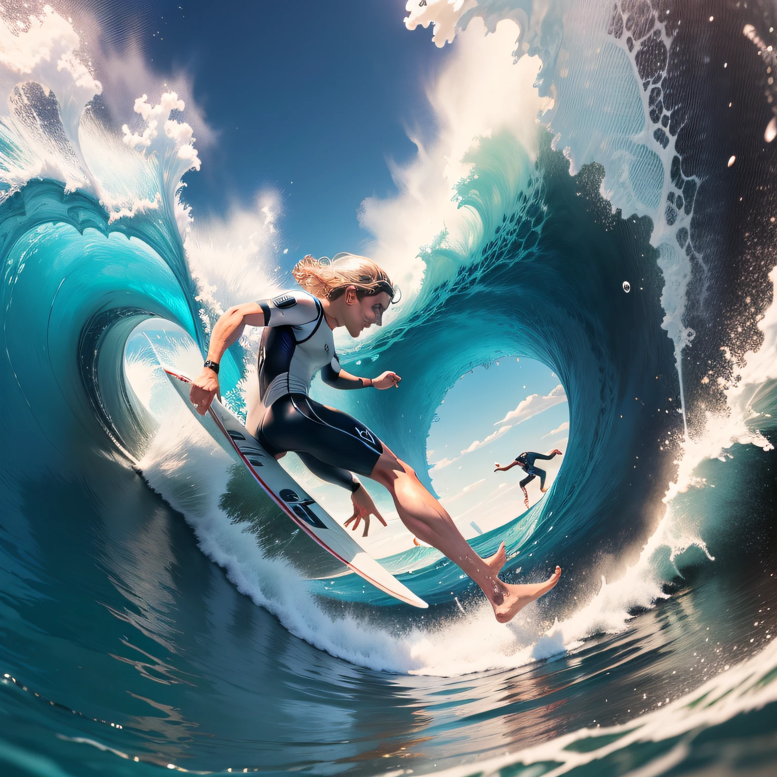 A moment of pure adrenaline, with the surfer leaping over the wave's crest while entering the tube, showcasing their skill and courage.