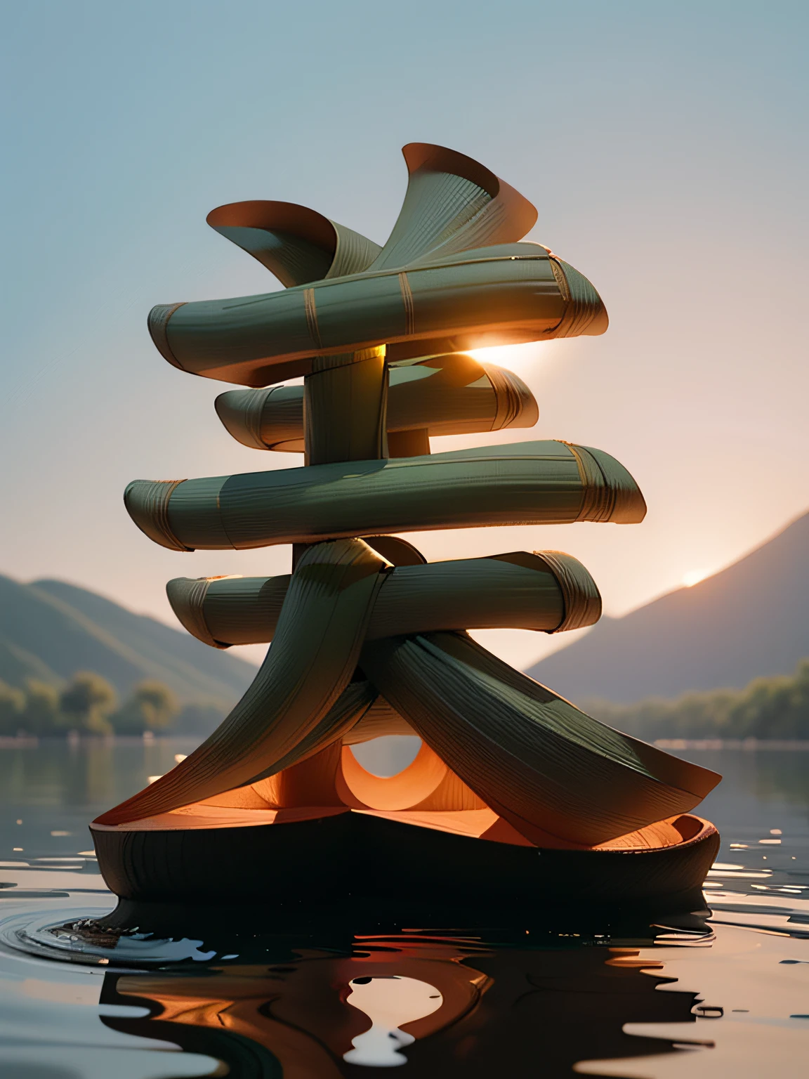 There is a bamboo forest in the distance，River side，There is a bamboo forest path on the shore，A man stands on the path of a bamboo forest，Highest image quality