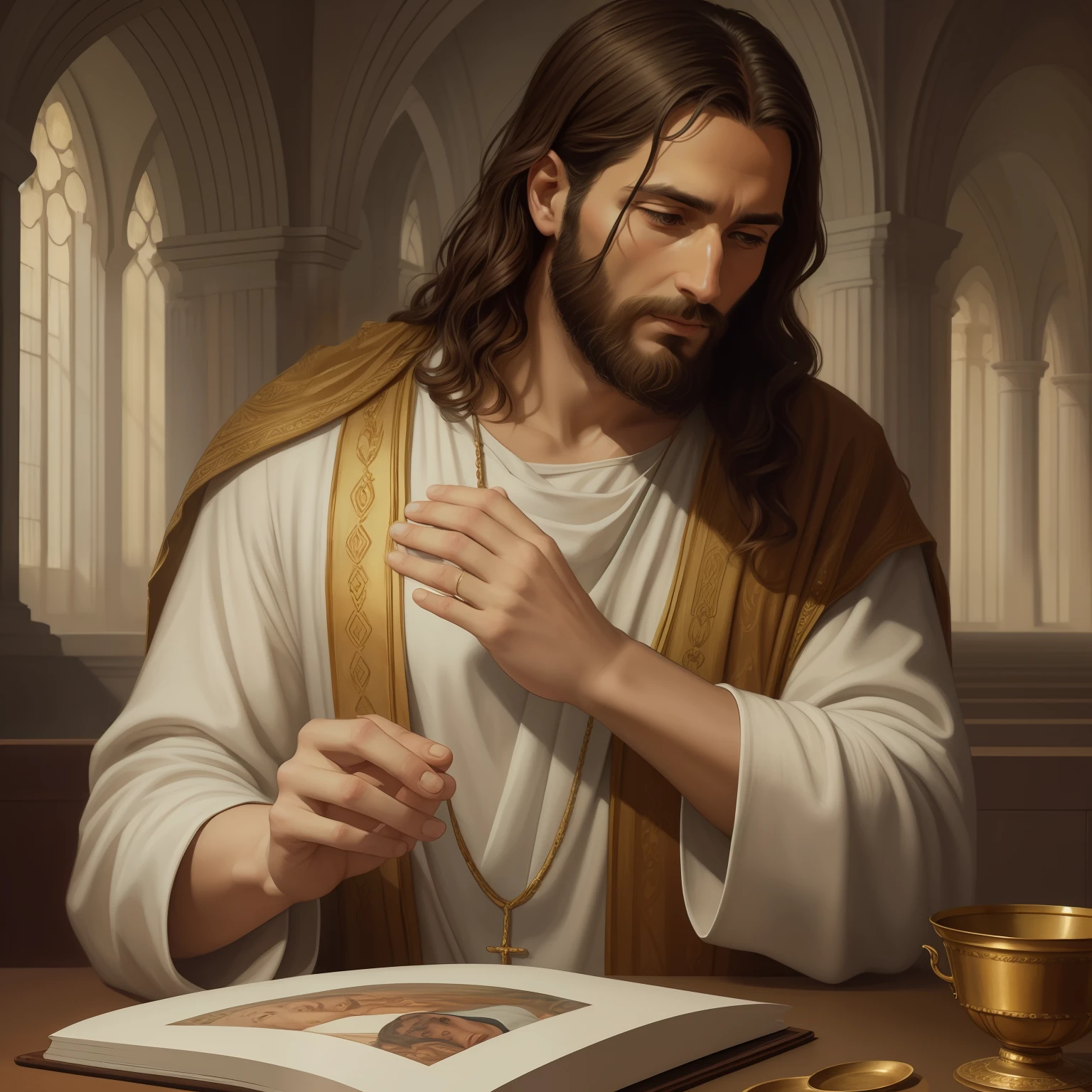 A beautiful ultra-thin realistic portrait of Jesus, the prophet, a man 33 years old Hebrew brunette, short brown hair, long brown beard, with praying jesus in perfect hands five fingers , wearing long linen tunic closed on the chest part, in front view, full body, biblical, realistic,by Diego Velázquez,Peter Paul Rubens,Rembrandt,Alex Ross,8k, Concept Art, PhotoRealistic, Realistic,  Illustration, Oil Painting, Surrealism, HyperRealistic, praying child , Digital art, style, watercolor