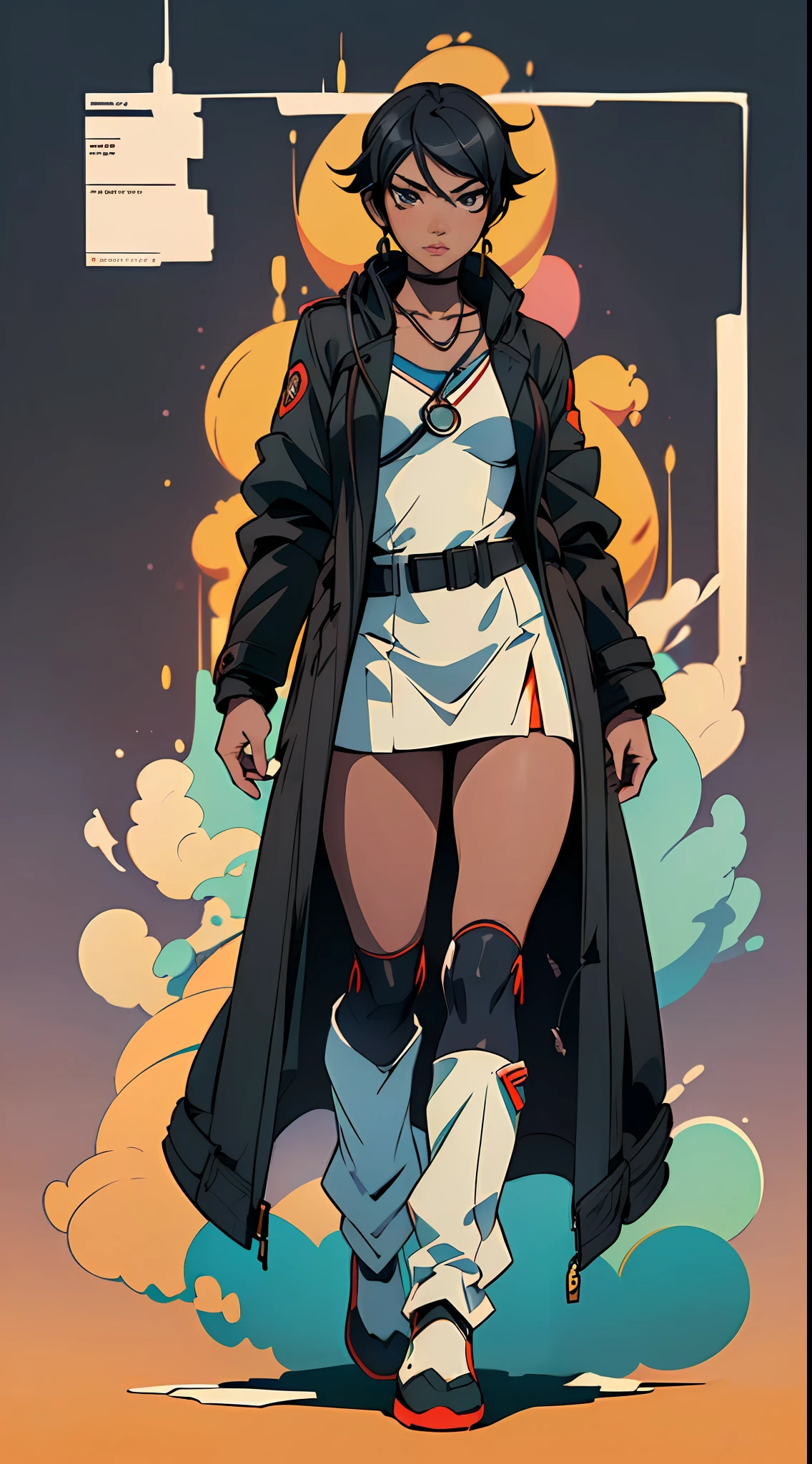 ((create very precision):1.5) An anime character ((Michiko Malandro, is a independent and strong woman with dark skin and a black power):1.4), full take, ((using a doctor's coat):1.5), solo, (1 character:1.5) Anime --auto --s2