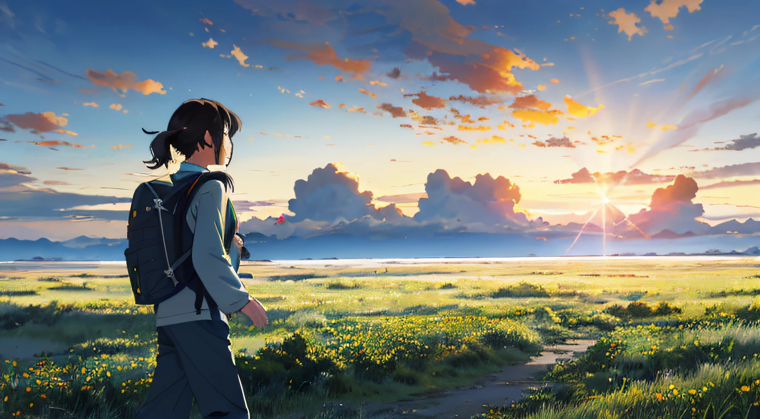 ((The vast sky)),the beautiful skyline,,sunraise,Large grasslands,fresh flowers,((Extremely tense))Big breasts and big breasts((dramatics))screen,((Moving))((Visual effects)),((Colorful))Natural soft light。((A long-sleeved top))(long trousers)|((backpacks))(schoolgirls)(Raise your hand to block out the sun)(Face away from the picture)