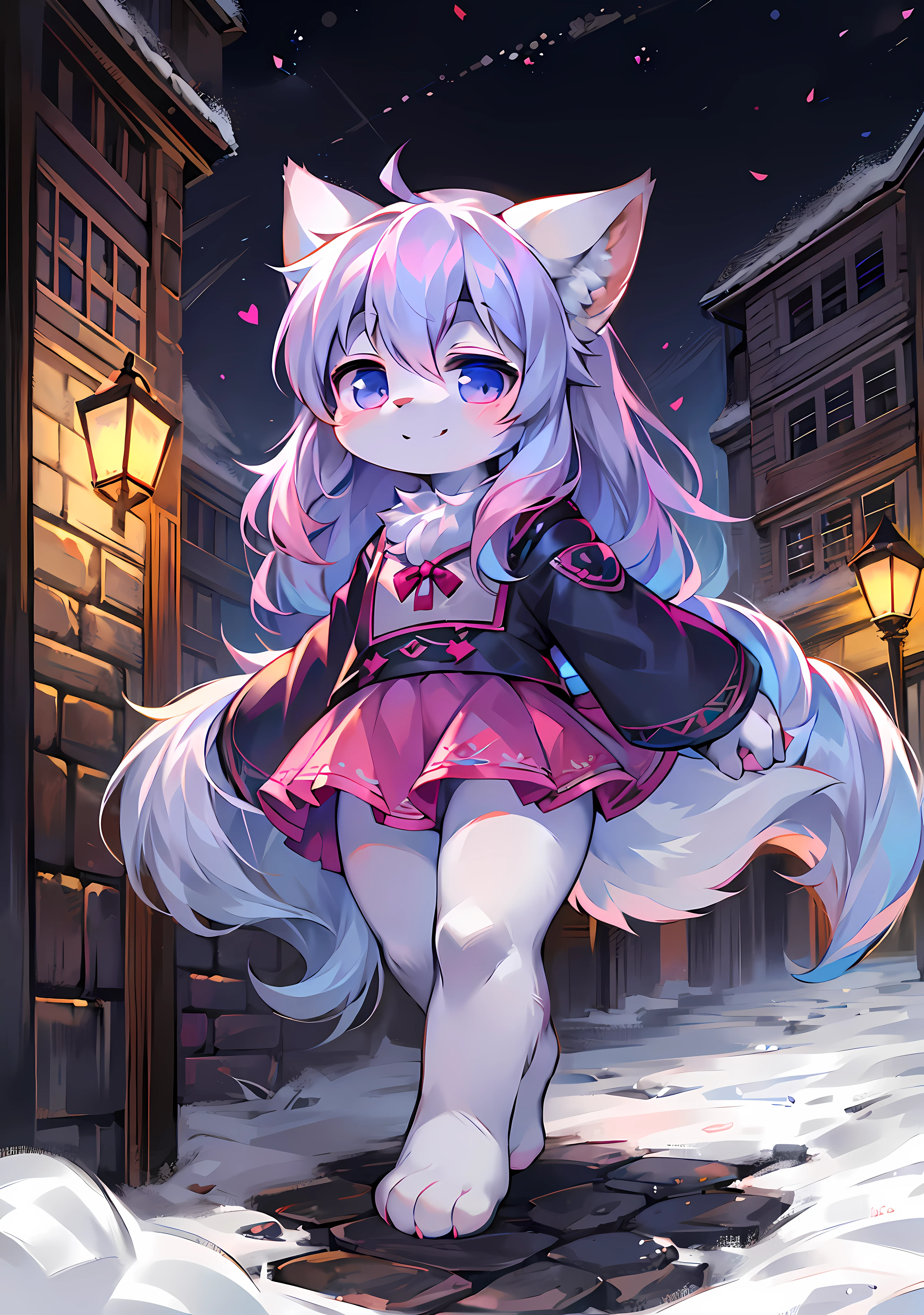 Furry girl,Fluffy tail,Emphasis on white fur,Delicate fur,Cute toddleShort pink skirt,Young,Petite and cute emphasis,Walking posture,Detailed characters,A smile on his face,Pink meat pad,Enhance long-haired animals:1.2,the night,borgar:1.1)8k