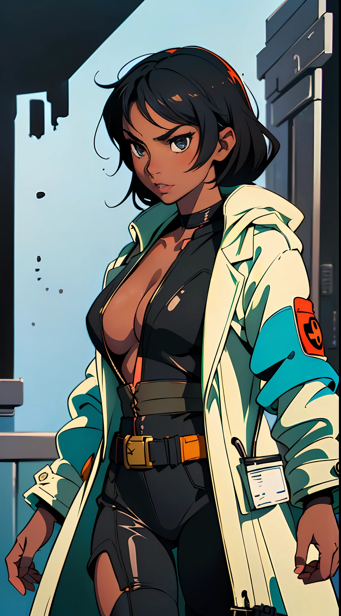 ((create very precision):1.5) An anime character ((Michiko Malandro, is a independent and strong woman with dark skin and a black power):1.4), full take, ((using a doctor's coat):1.5), solo, (1 character:1.5) Anime --auto --s2