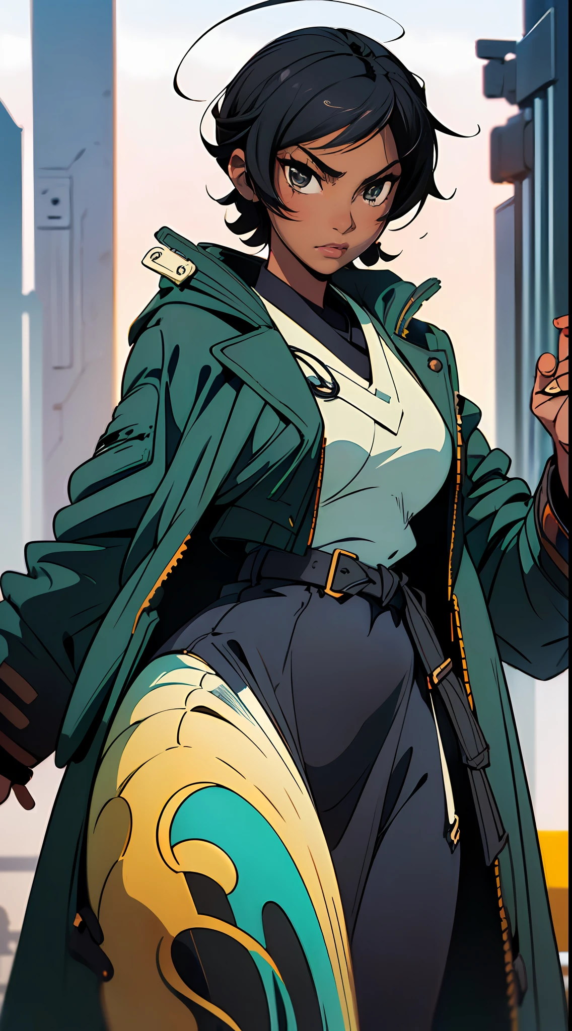 ((create very precision):1.5) An anime character ((Michiko Malandro, is a independent and strong woman with dark skin and a black power):1.4), full take, ((using a doctor's coat):1.5), solo, (1 character:1.5) Anime --auto --s2