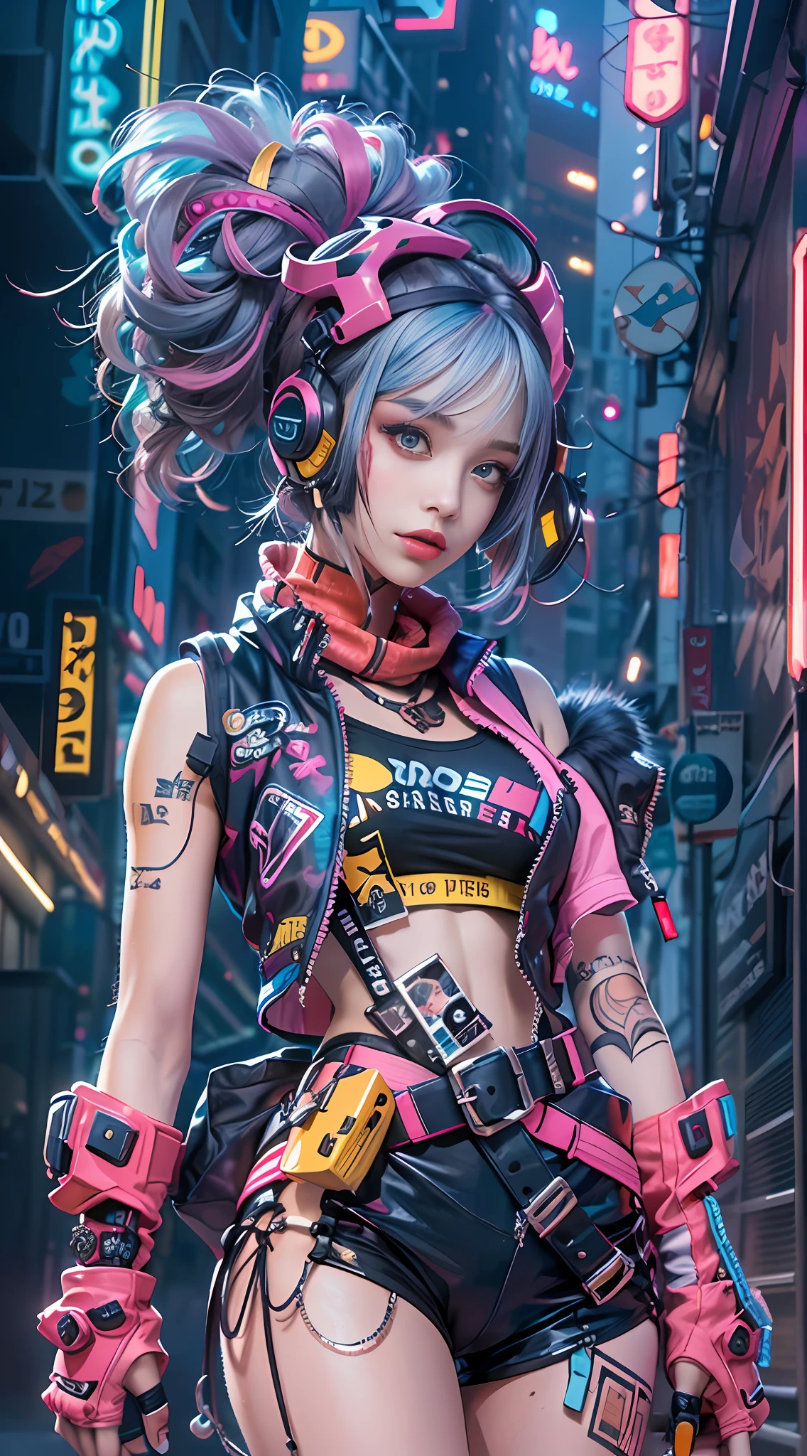 masterpiece, best quality, Confident cyberpunk girl, full body shot, ((standing in front of motorcycle)), Harajuku-inspired pop outfit, bold colors and patterns, eye-catching accessories, trendy and innovative hairstyle, vibrant makeup, Cyberpunk dazzling cityscape, skyscrapers, neon signs, LED lights, bright and vivid color scheme, anime, illustration, detailed skin texture, detailed cloth texture, beautiful detailed face, intricate details, ultra detailed.
