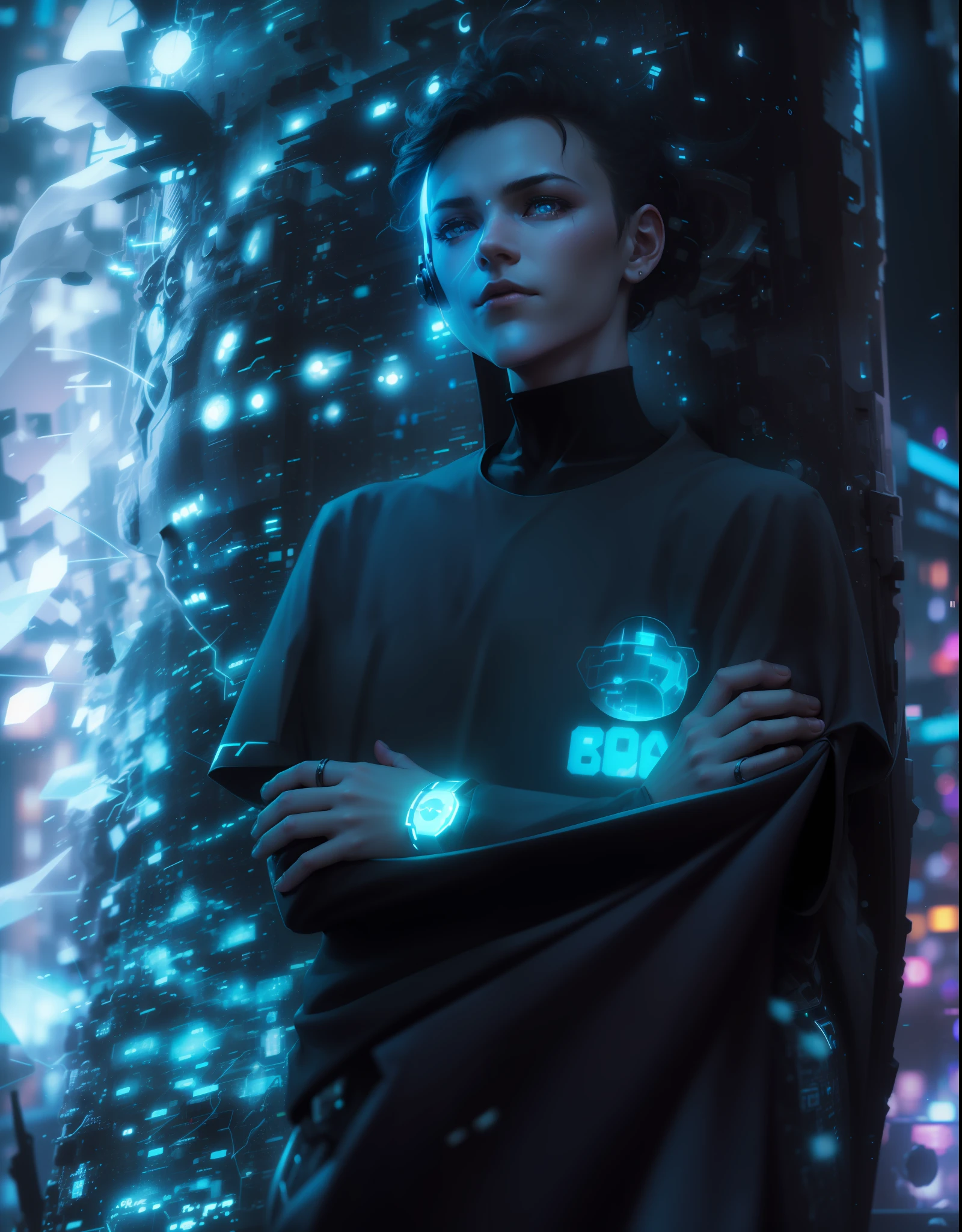 (cyber ghost), hack, code, cyborg, sci-fi, sharp focus, dof, bokeh, extremely detailed, intricate, realistic, (film grain), cinematic, POV, shot on canon 200DII, film stock photograph,rich colors, hyper realistic, lifelike texture, dramatic lighting,