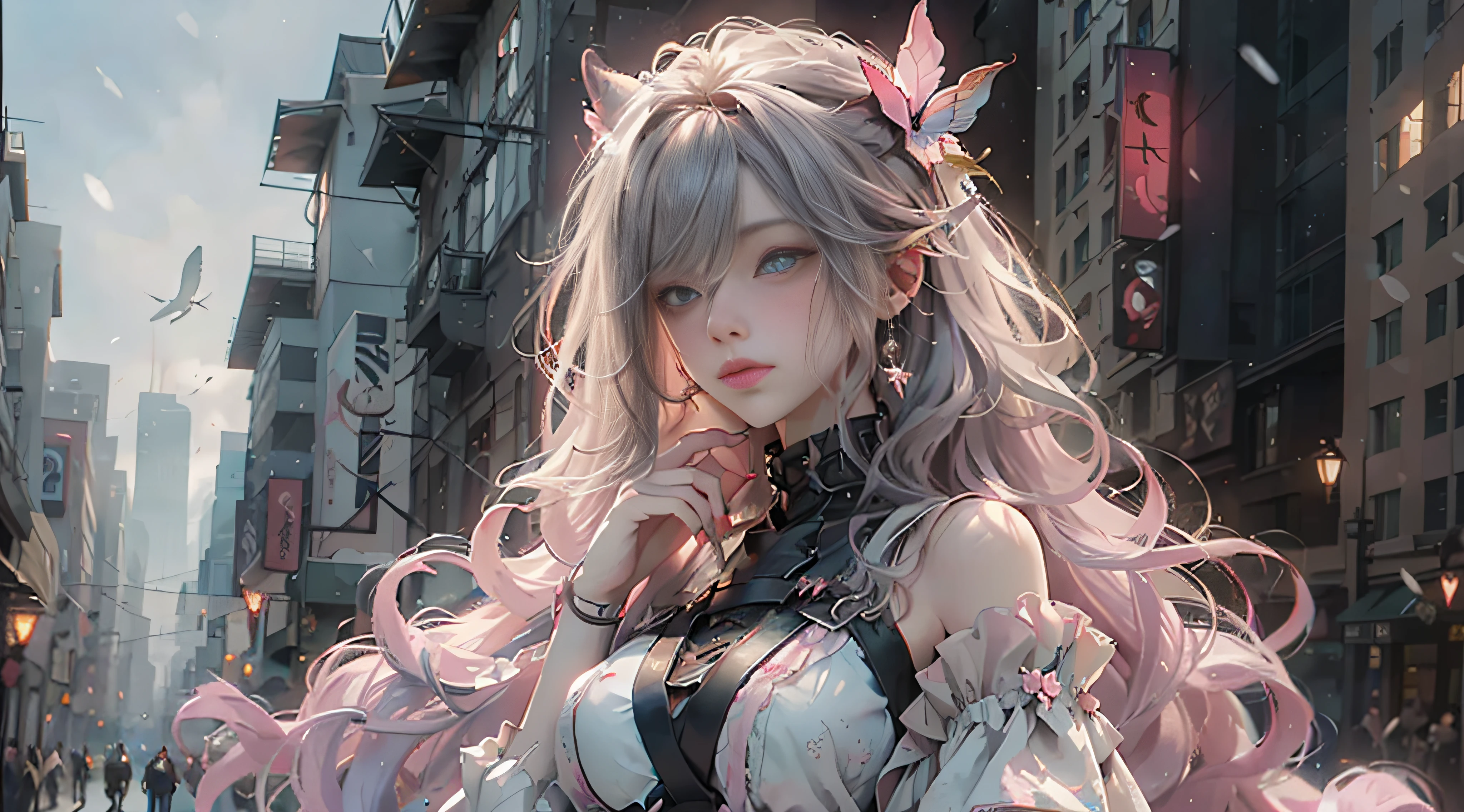 ((best qualtiy)), ((tmasterpiece)), (detail:1.4), Beautiful cyberpunk female images,hdr(HighDynamicRange),Ray traching,NVIDIA RTX,Hyper-Resolution,illusory 5,sub surface scattering,PBR textures,post-proces,Anisotropy Filtering,depth of fields,maximum definition and sharpness,Many-Layer Textures,Albedo e mapas Speculares,Surface coloring,Mitsu-Accurate simulation of material interactions,perfectly proportioned,rendering by octane,Two-colored light,largeaperture,Low ISO,White balance,Rule three points、8K raw data、Beautiful bright blue pupils,off-the-shoulder clothes,Fine pupils,Delicate face and eyes,long eyelasher,Blushlush,Delicate and fluffy hair,pink lip,Pure,Cute face,Sweet girl,Artistic sense,Casual wear,Advancedsense,butterflys,Cherry blossom petal,Beautiful hair accessories,Long hair and waist,Hair fluttering in the wind,Snow-white fox ears,curlies
