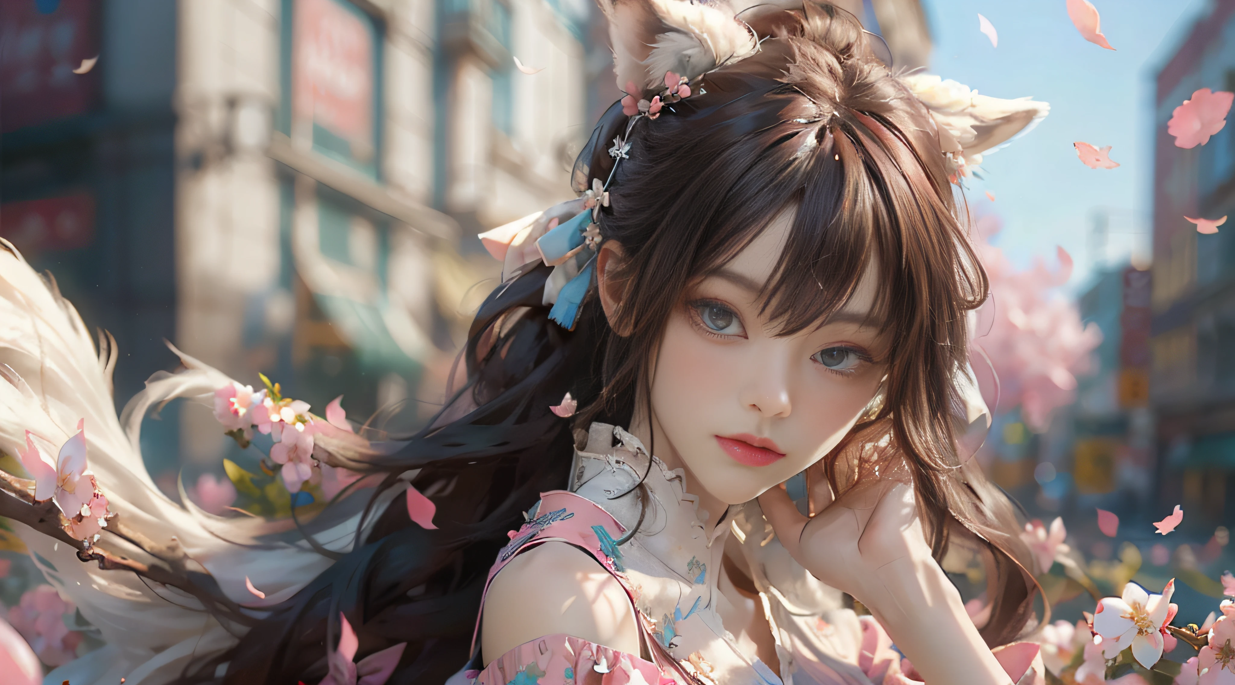 ((best qualtiy)), ((tmasterpiece)), (detail:1.4), Beautiful cyberpunk female images,hdr(HighDynamicRange),Ray traching,NVIDIA RTX,Hyper-Resolution,illusory 5,sub surface scattering,PBR textures,post-proces,Anisotropy Filtering,depth of fields,maximum definition and sharpness,Many-Layer Textures,Albedo e mapas Speculares,Surface coloring,Mitsu-Accurate simulation of material interactions,perfectly proportioned,rendering by octane,Two-colored light,largeaperture,Low ISO,White balance,Rule three points、8K raw data、Beautiful bright blue pupils,off-the-shoulder clothes,Fine pupils,Delicate face and eyes,long eyelasher,Blushlush,Delicate and fluffy hair,pink lip,Pure,Cute face,Sweet girl,Artistic sense,Casual wear,Advancedsense,butterflys,Cherry blossom petal,Beautiful hair accessories,Long hair and waist,Hair fluttering in the wind,Snow-white fox ears,curlies
