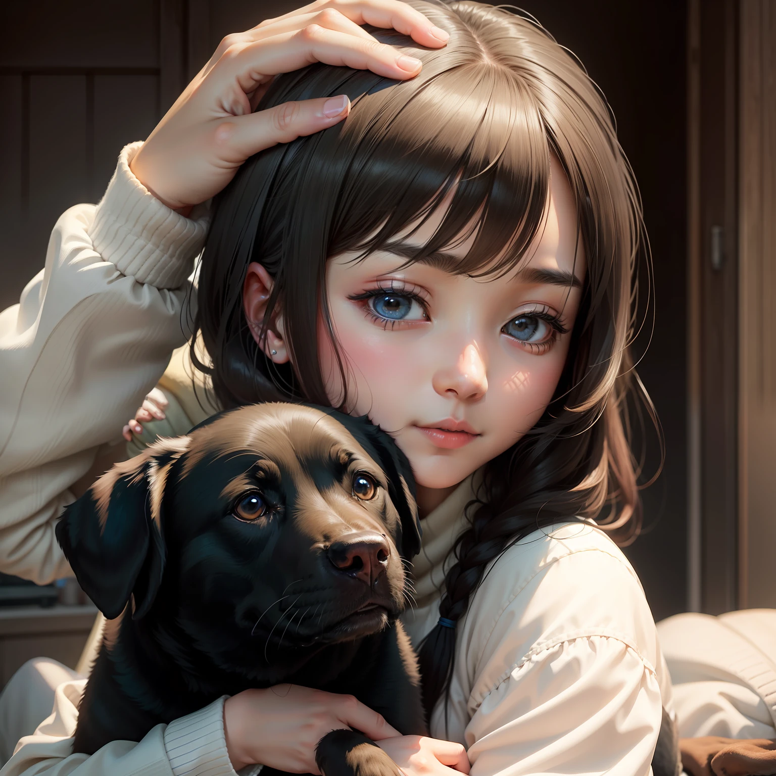 A gentle girl clings to a warm head of a black Labrador。