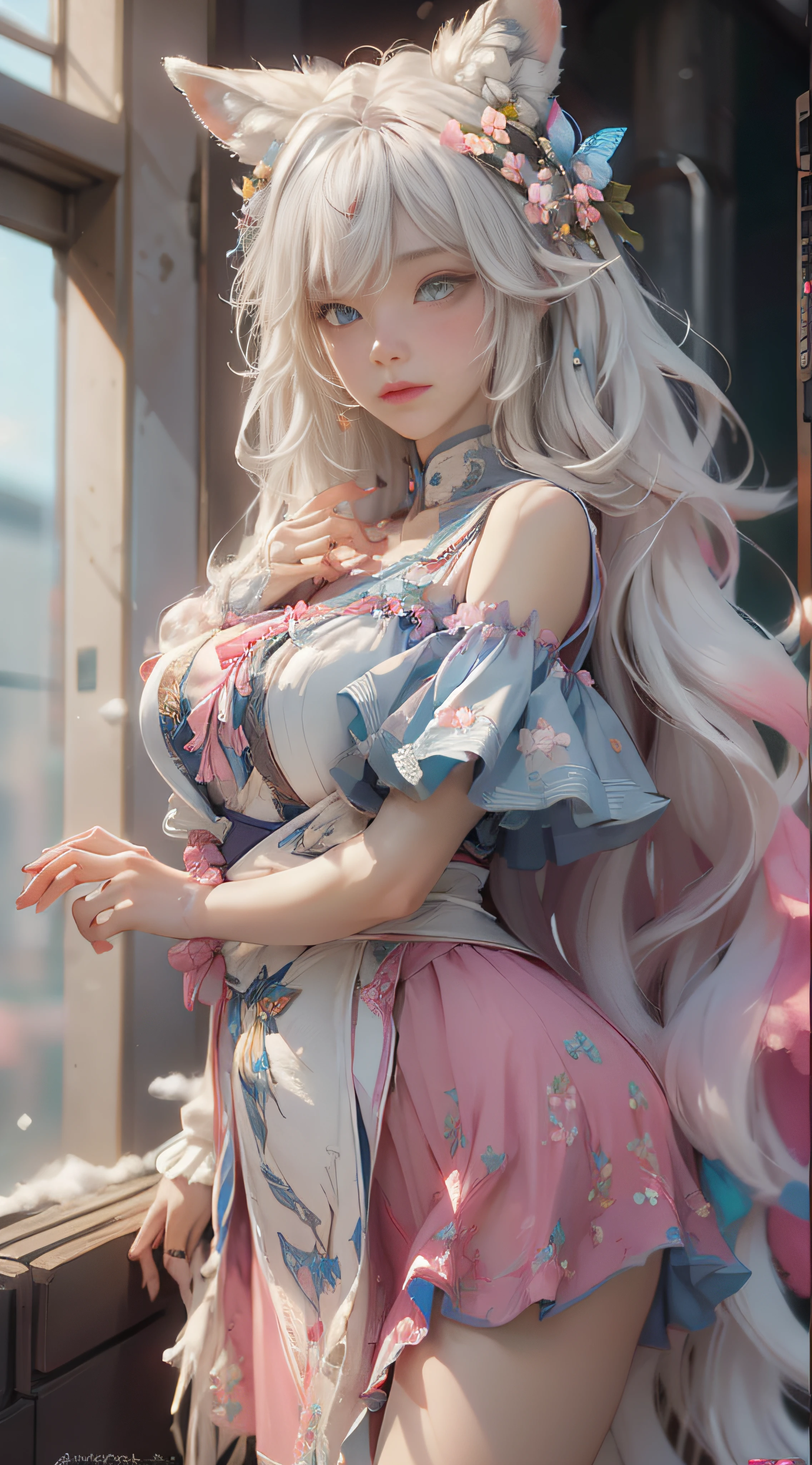 ((best qualtiy)), ((tmasterpiece)), (detail:1.4), Beautiful cyberpunk female images,hdr(HighDynamicRange),Ray traching,NVIDIA RTX,Hyper-Resolution,illusory 5,sub surface scattering,PBR textures,post-proces,Anisotropy Filtering,depth of fields,maximum definition and sharpness,Many-Layer Textures,Albedo e mapas Speculares,Surface coloring,Mitsu-Accurate simulation of material interactions,perfectly proportioned,rendering by octane,Two-colored light,largeaperture,Low ISO,White balance,Rule three points、8K raw data、Beautiful bright blue pupils,off-the-shoulder clothes,Fine pupils,Delicate face and eyes,long eyelasher,Blushlush,Delicate and fluffy hair,pink lip,Pure,Cute face,Sweet girl,Artistic sense,Casual wear,Advancedsense,butterflys,Cherry blossom petal,Beautiful hair accessories,Long hair and waist,Hair fluttering in the wind,Snow-white fox ears,curlies,Snow-white fluffy tail