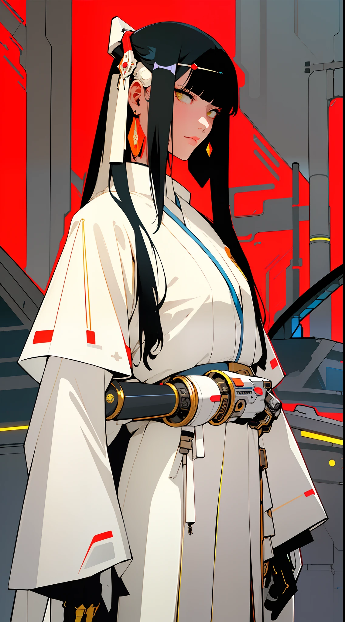 (Masterpiece, Top Quality, Best Quality), ((Cyberpunk Style, Robotic Arm, Hololo, Surreal Science Fiction Art, Future Science Fiction Aesthetics)), (1 Girl Solo), Close Up, (Resolute Eyes), (Ancient Chinese Clothes, White Robe, Embroidered Collar Uesugi, White Big Sleeve Shirt, Streamers), (Hairpin, Long Black Hair, Weapons), (Hanfu), (Clear Facial Features, Detailed Skin Texture, Beautiful Face), White Background, Earrings, Yellow Skin, Standing, (((flat color))),