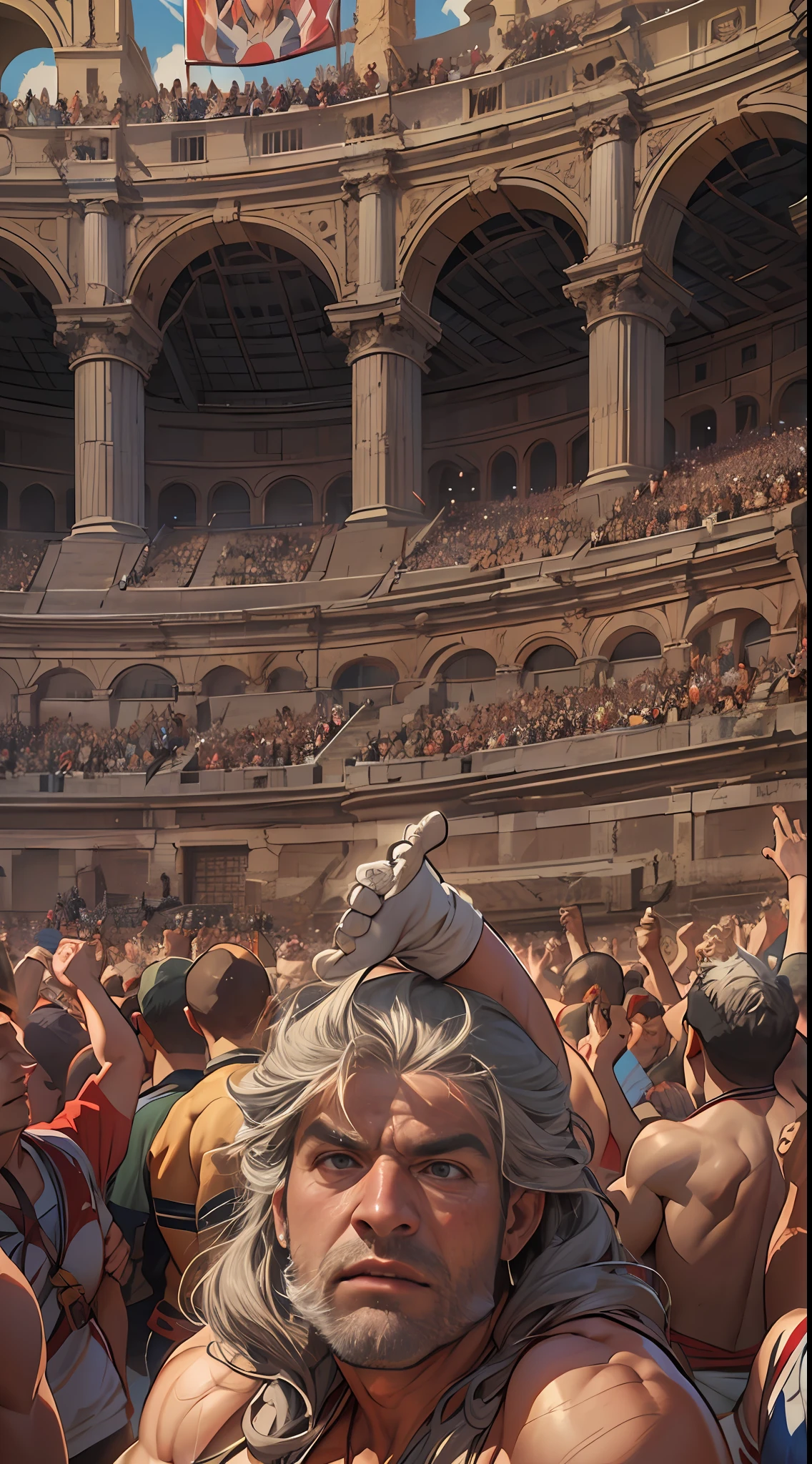 Mighty gladiator, upper torso exposed, legs unclothed from thighs to feet, flowing long curls, detailed muscular physique, lifelike depiction, 4K resolution. Background: Roman colosseum filled with cheering crowd.,32k uhd, best quality, masterpiece, super detail, high details