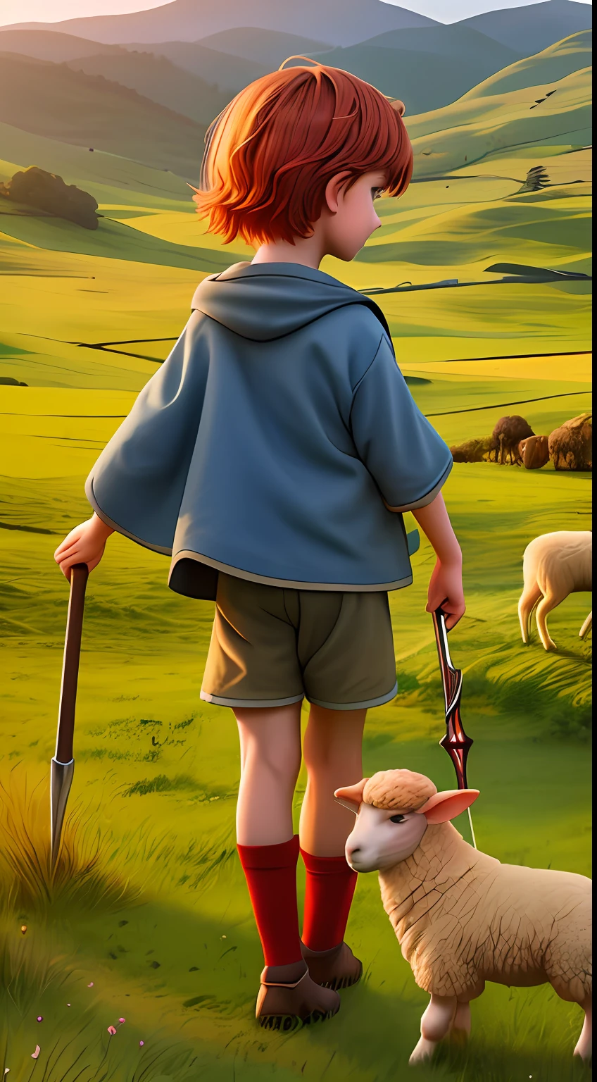 a young shepherd boy, red-haired sheep shepherd boy, with a staff in his hands, taking care of sheep, countryside background scenery, evening lighting, children's digital drawing, super realistic