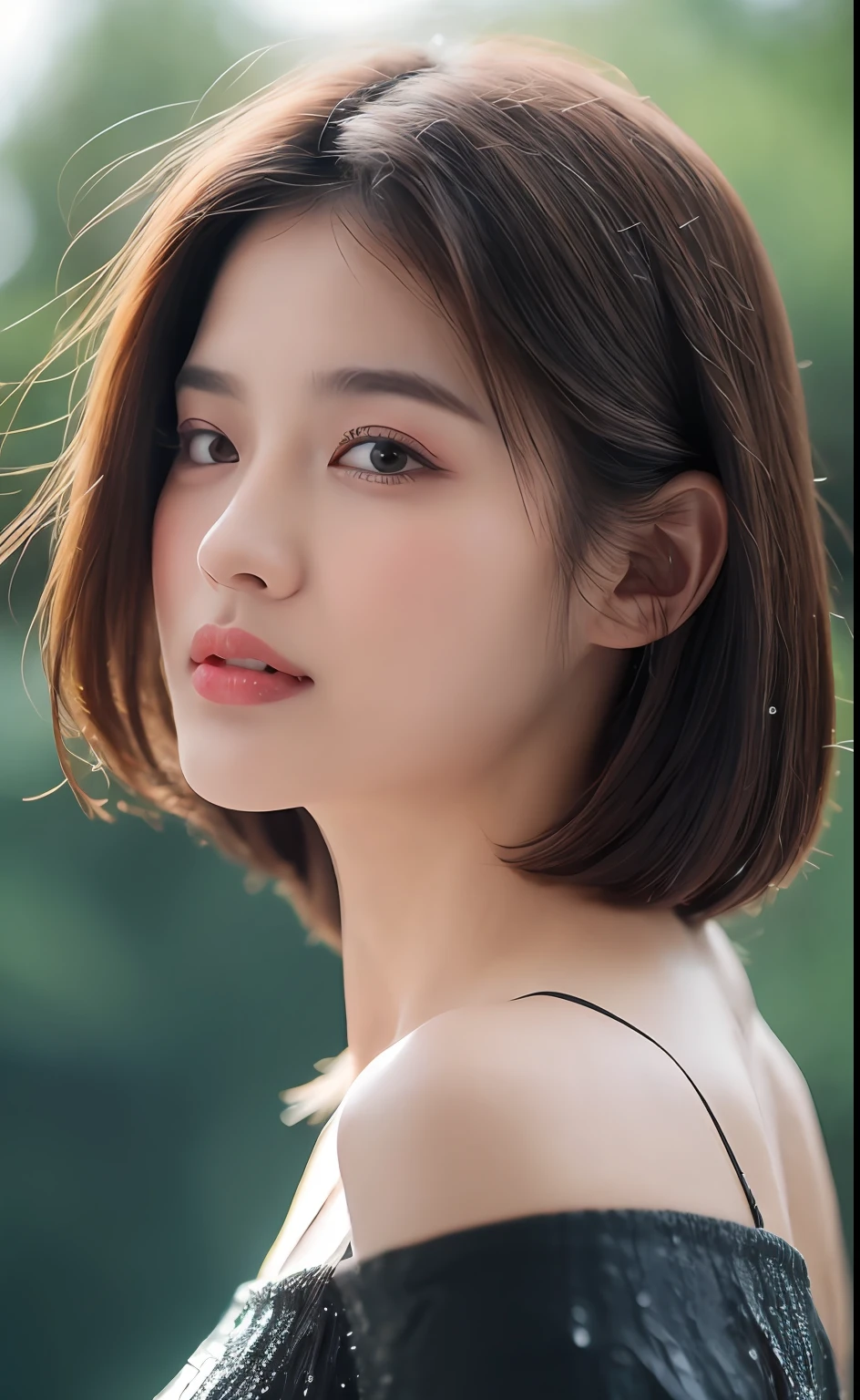 ((Best Quality, 8k, Masterpiece:1.3)), Focus: 1.2, Perfect Body Beauty: 1.4, Buttocks: 1.2, ((Layered Haircut)), (Wet Clothes: 1.1) , (Rain, Street:1.3), (Dress: 1.2), Highly detailed face and skin texture, Fine eyes, Double eyelids, Whitened skin, Long hair, (Shut up: 1.5), Bare shoulders, Shoulder close-up, (Bokeh background: 1.5)