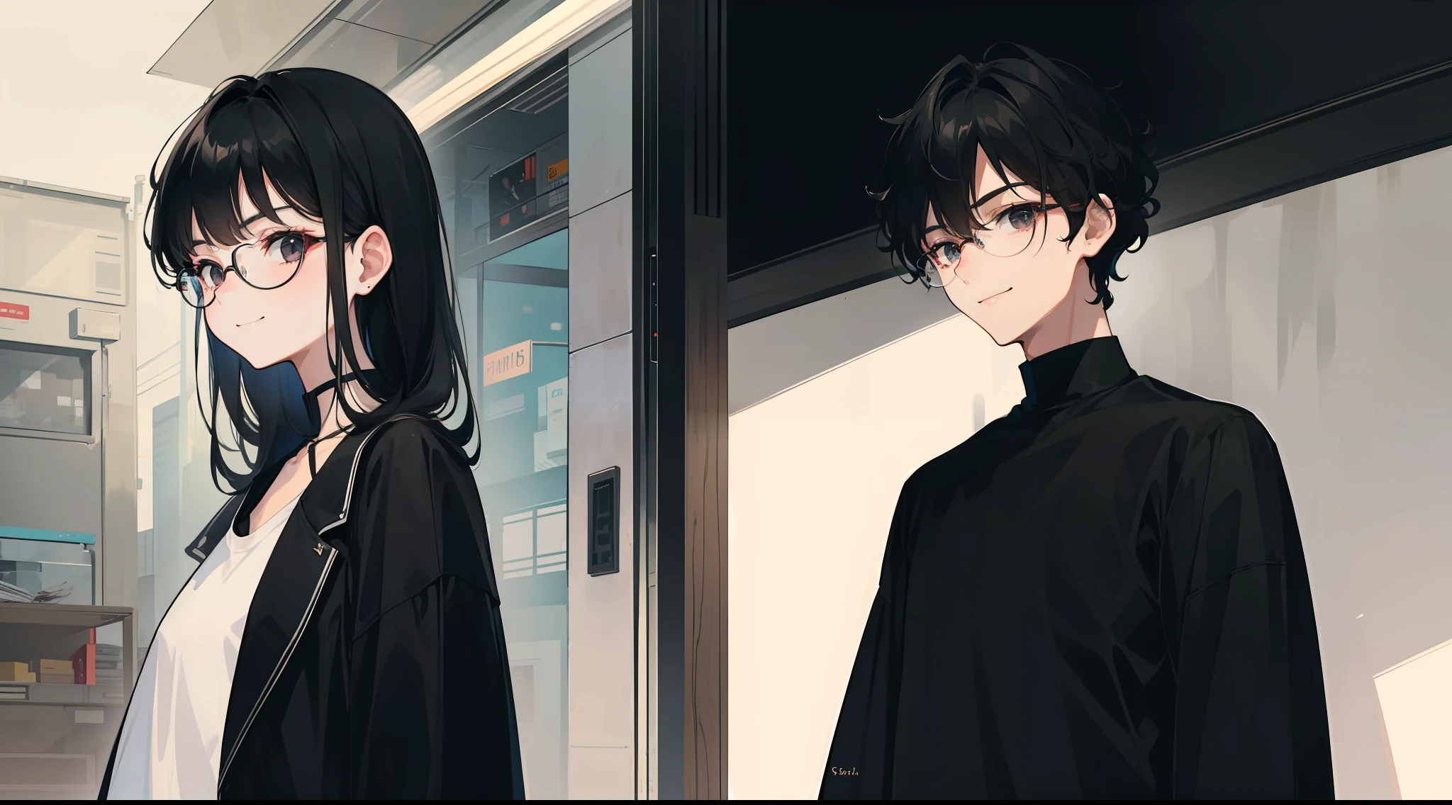 To the left a girl with straight black hair medium that reaches up to the neck serious face but gentle black eyes and serious smile, on the right, a boy with curly black hair, wearing round glasses, smiling, handsome and kind;