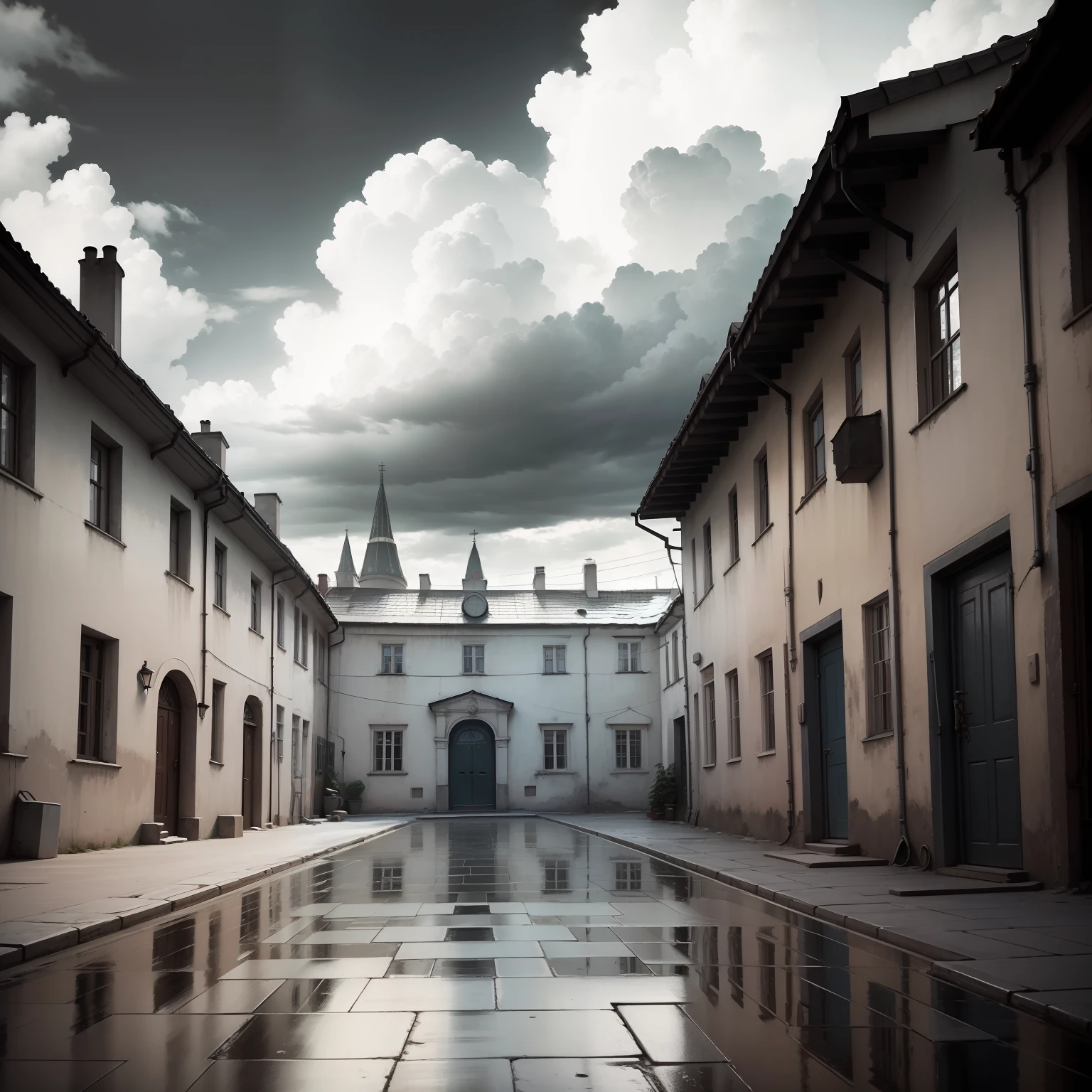 The Soviet Union of 1950 is very detailed, Realistic city courtyard of the house, view from bottom, Gray dull evening, Lead clouds, getting dark