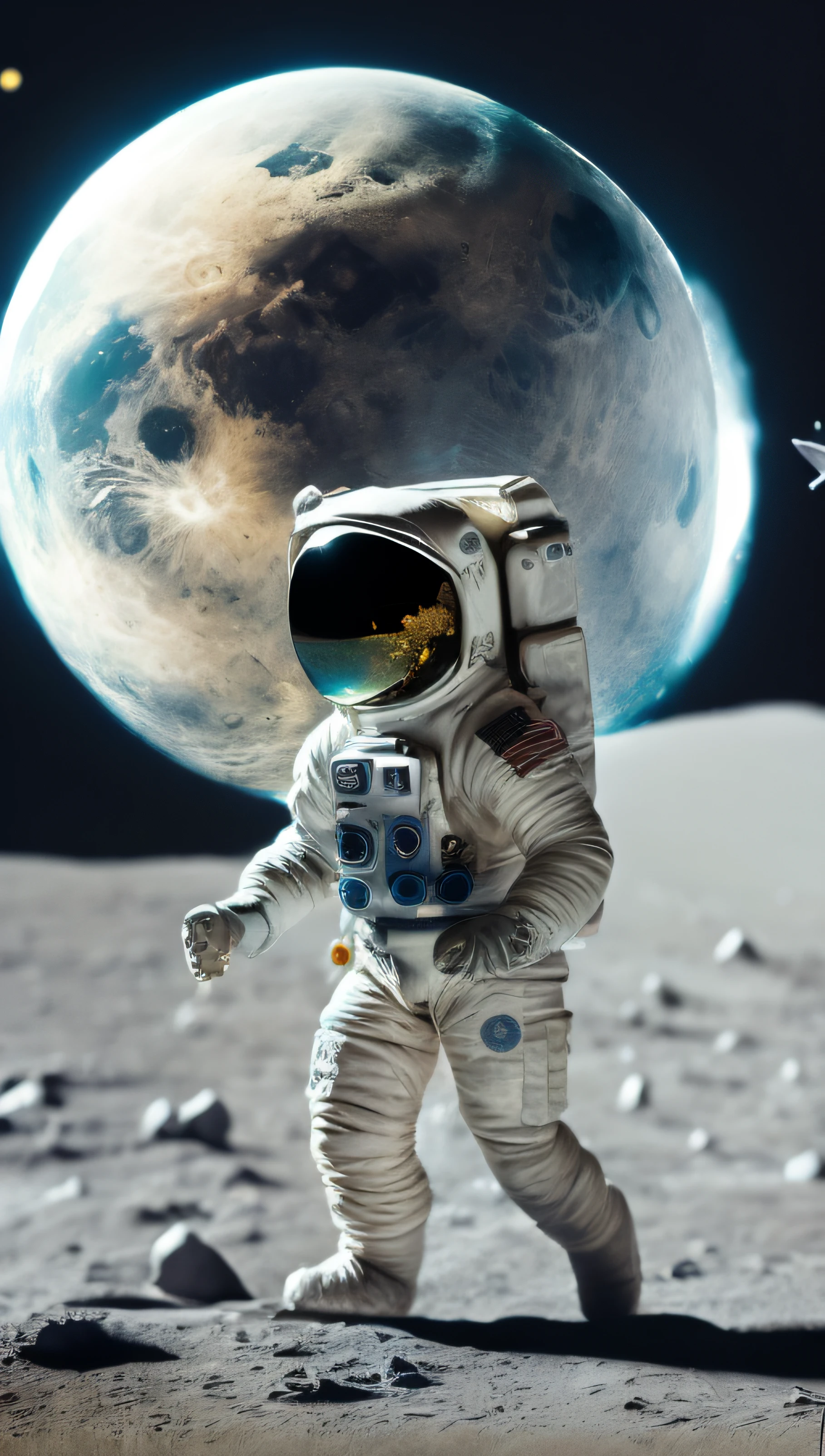 in the sky we see an astronaut walking on the lunar surface with beer glass in the hand, with a planet in the background, miniature diorama style, focus on the astronaut, medium definition planet, Alan Bean, shot on 70 mm, dark white and azure, toy proportions, environmentalism