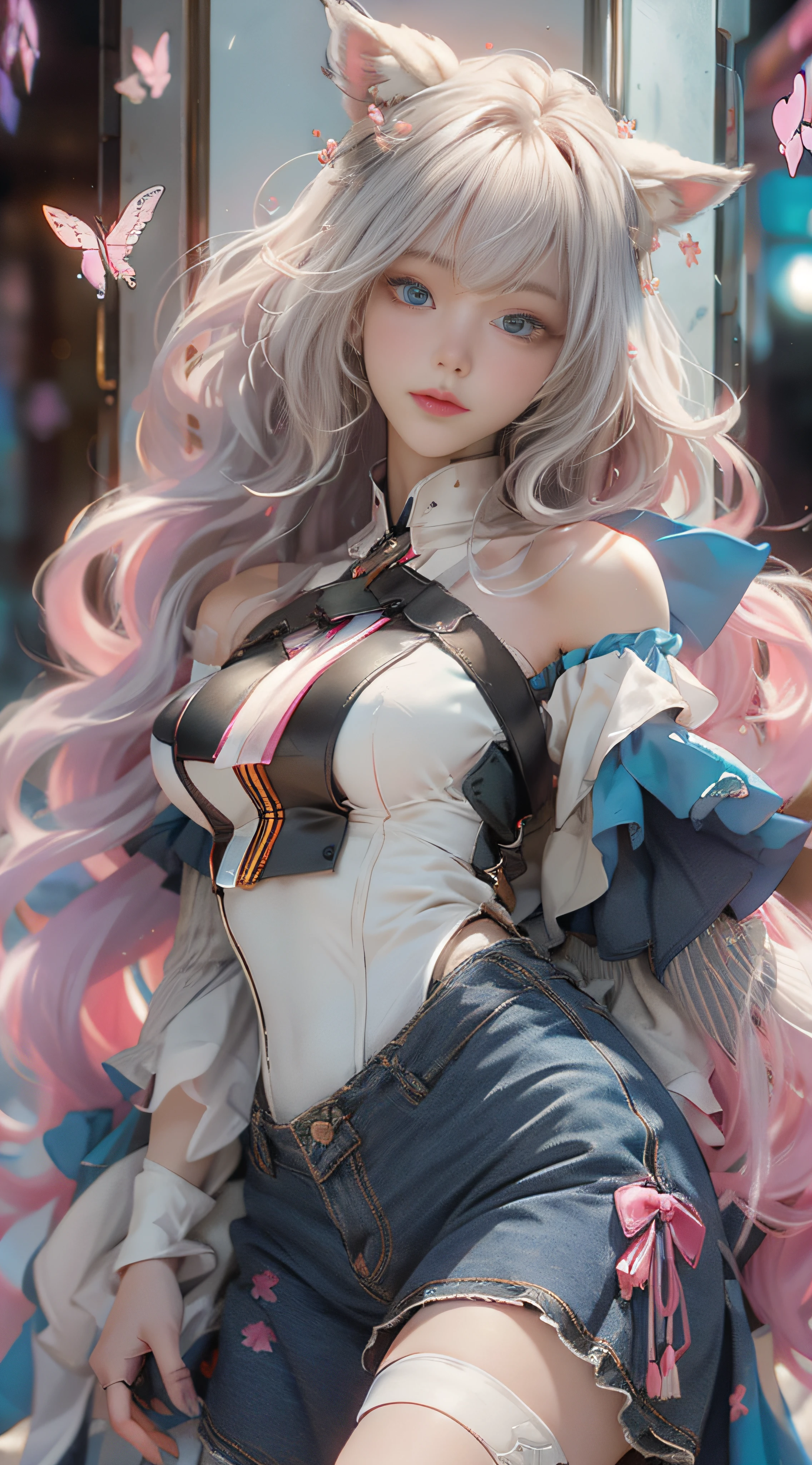 ((best qualtiy)), ((tmasterpiece)), (detail:1.4), Beautiful cyberpunk female images,hdr(HighDynamicRange),Ray traching,NVIDIA RTX,Hyper-Resolution,illusory 5,sub surface scattering,PBR textures,post-proces,Anisotropy Filtering,depth of fields,maximum definition and sharpness,Many-Layer Textures,Albedo e mapas Speculares,Surface coloring,Mitsu-Accurate simulation of material interactions,perfectly proportioned,rendering by octane,Two-colored light,largeaperture,Low ISO,White balance,Rule three points、8K raw data、Beautiful bright blue pupils,off-the-shoulder clothes,Fine pupils,Delicate face and eyes,long eyelasher,Blushlush,Delicate and fluffy hair,pink lip,Pure,Cute face,Sweet girl,Artistic sense,Casual wear,Advancedsense,butterflys,Cherry blossom petal,Beautiful hair accessories,Long hair and waist,Hair fluttering in the wind,Snow-white fox ears,curlies,Snow-white fluffy tail