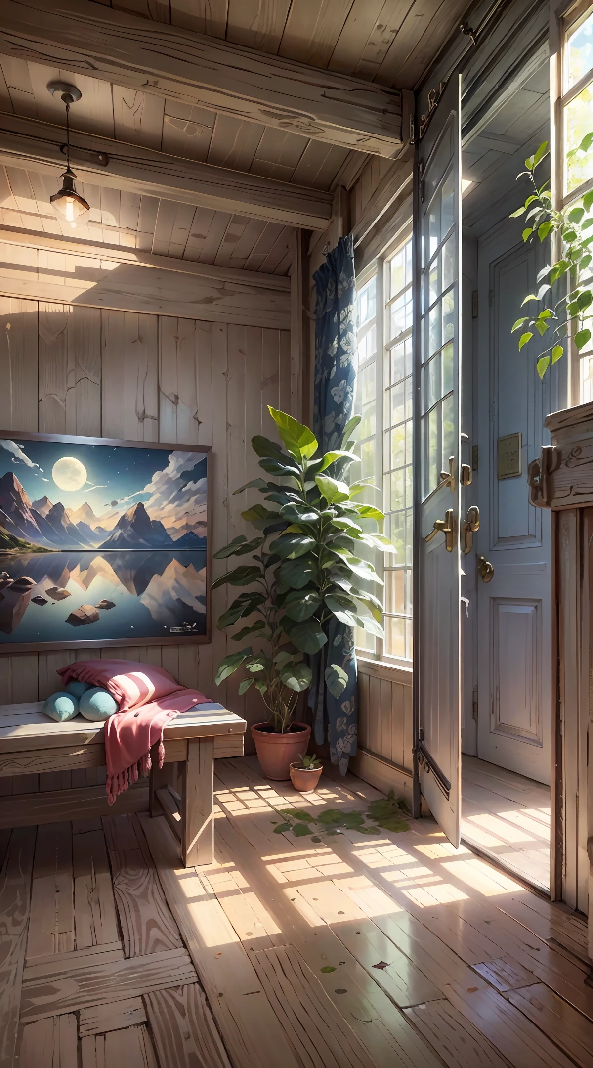 Hiroshige's setting: a room with a large window and a bench, arte de fundo de anime, fundo de anime, estilo de arte japonesa, Scenery art, beautiful aesthetic art, bela cena estilo hiroshige, Hiroshige aesthetics, estilo de arte impressionante, cena de paz bonita anime, ross tran. scenic background, arte conceitual relaxante, arte de fundo, arte de fundo interior, Hiroshige Set Concept Art, Hiroshige's scenery --auto --s2