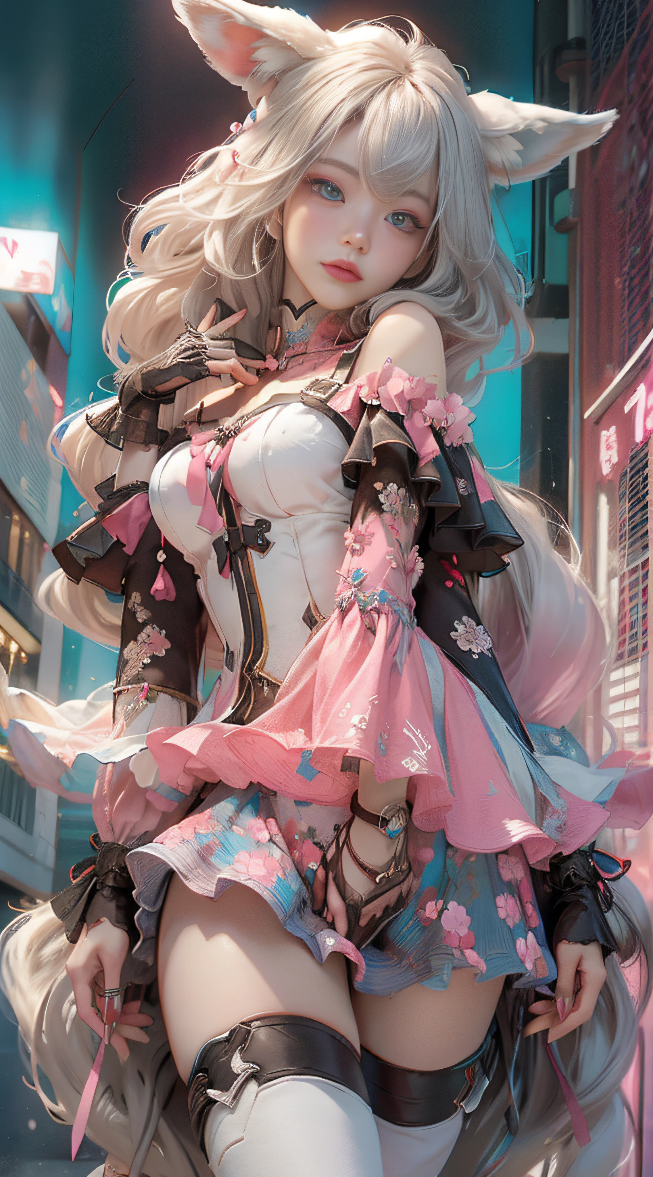 ((best qualtiy)), ((tmasterpiece)), (detail:1.4), Beautiful cyberpunk female images,hdr(HighDynamicRange),Ray traching,NVIDIA RTX,Hyper-Resolution,illusory 5,sub surface scattering,PBR textures,post-proces,Anisotropy Filtering,depth of fields,maximum definition and sharpness,Many-Layer Textures,Albedo e mapas Speculares,Surface coloring,Mitsu-Accurate simulation of material interactions,perfectly proportioned,rendering by octane,Two-colored light,largeaperture,Low ISO,White balance,Rule three points、8K raw data、Beautiful bright blue pupils,off-the-shoulder clothes,Fine pupils,Delicate face and eyes,long eyelasher,Blushlush,Delicate and fluffy hair,pink lip,Pure,Cute face,Sweet girl,Artistic sense,Casual wear,Advancedsense,butterflys,Cherry blossom petal,Beautiful hair accessories,Long hair and waist,Hair fluttering in the wind,Snow-white fox ears,curlies,Snow-white fluffy tail