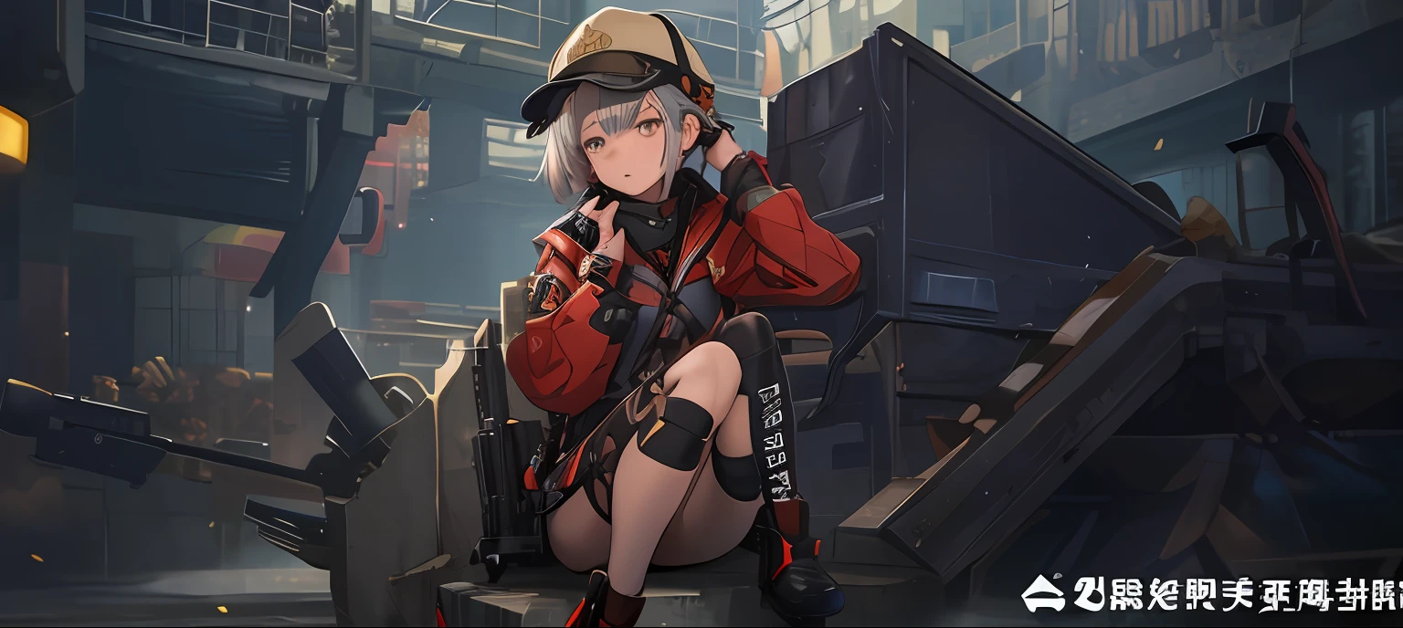 Seated anime girl，short detailed hair，Wear hats and hats, Kantai collection style, Official artwork, Kawasi, girls frontline universe, from girls frontline, konpeki no kantai, Female protagonist, Guviz-style artwork, Guviz, Fine details. Girl front, girls frontline style, offcial art, last exile