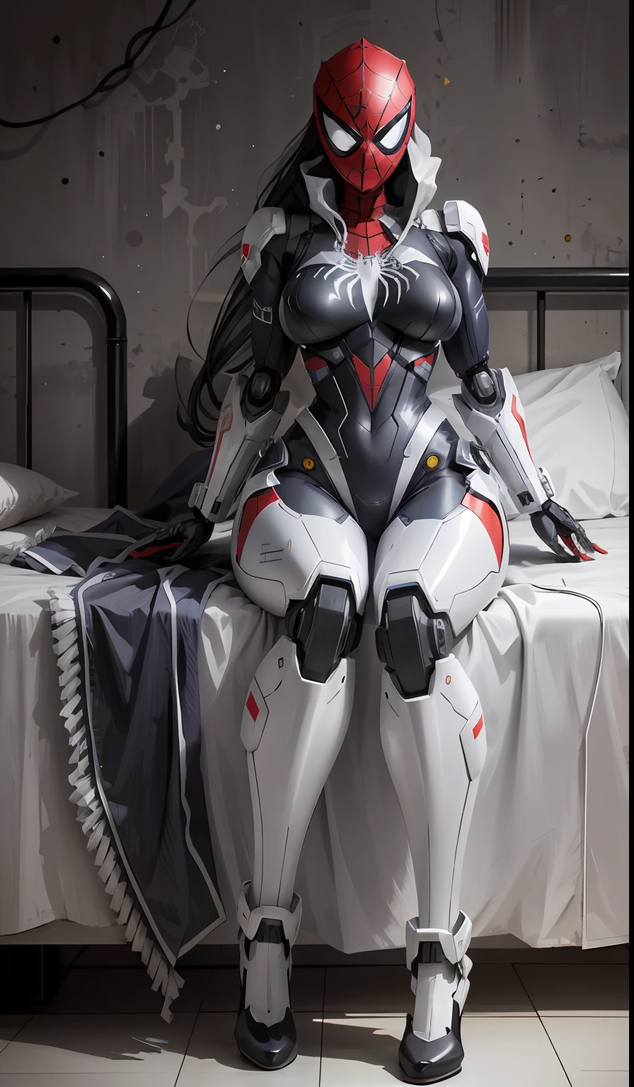 ((best qualtiy)), ((tmasterpiece)), ((Realistis)), (A detailed), (realisticlying:1.5),Bird Chart,Panorama Figures,fully body photo,2 girls wearing Spider-Man's battle suits,2 female versions of Spider-Man,White slim tights,The Spider-Man logo on the chest,cabellos largos dorados,Cobweb-wrapped,adolable,Beautiful woman detailed spider silhouette body with Spider-Man roleplay,very Bigger breasts,Sleep in a hospital bed,The body is plugged in with a wire in the charge,The bed was covered with cobwebs,Spider silk is wrapped around the body,Mummies the same,Huge shoes,There is a robot toy next to it,Mecha elements,High-tech equipment weapons,Spider mech toy,