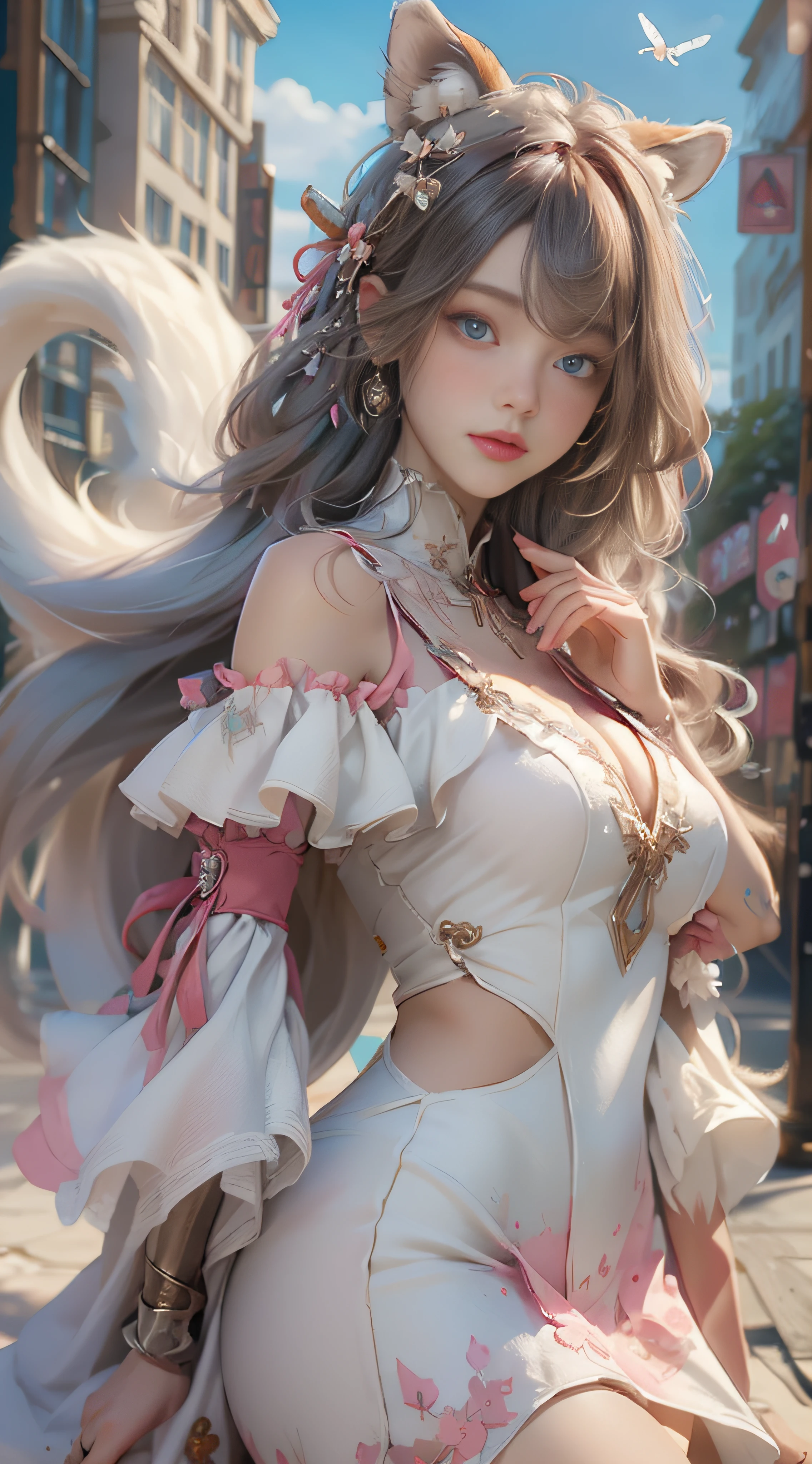 ((best qualtiy)), ((tmasterpiece)), (detail:1.4), Beautiful cyberpunk female images,hdr(HighDynamicRange),Ray traching,NVIDIA RTX,Hyper-Resolution,illusory 5,sub surface scattering,PBR textures,post-proces,Anisotropy Filtering,depth of fields,maximum definition and sharpness,Many-Layer Textures,Albedo e mapas Speculares,Surface coloring,Mitsu-Accurate simulation of material interactions,perfectly proportioned,rendering by octane,Two-colored light,largeaperture,Low ISO,White balance,Rule three points、8K raw data、Beautiful bright blue pupils,off-the-shoulder clothes,Fine pupils,Delicate face and eyes,long eyelasher,Blushlush,Delicate and fluffy hair,pink lip,Pure,Cute face,Sweet girl,Artistic sense,Casual wear,Advancedsense,butterflys,Cherry blossom petal,Beautiful hair accessories,Long hair and waist,Hair fluttering in the wind,Snow-white fox ears,curlies,Snow-white fluffy tail