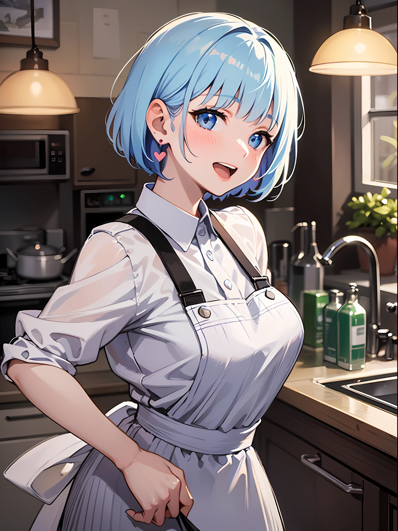 (masterpiece:1.3), (best quality:1.3), high resolution,
couboy shot,
leaning forward, body facing forward,
(one cute girl:1.3), solo,
white skin, small Breast, eight-headed person,
light blue hair, (bobbed hair:1.2), (short hair:1.2), (blunt bangs:1.2), beautiful hair, blue eyes, beautiful detailed eyes,
blush, open mouth, heart, cheerful smile,
apron, earrings,
indoors, kitchen,
shadowlighting,