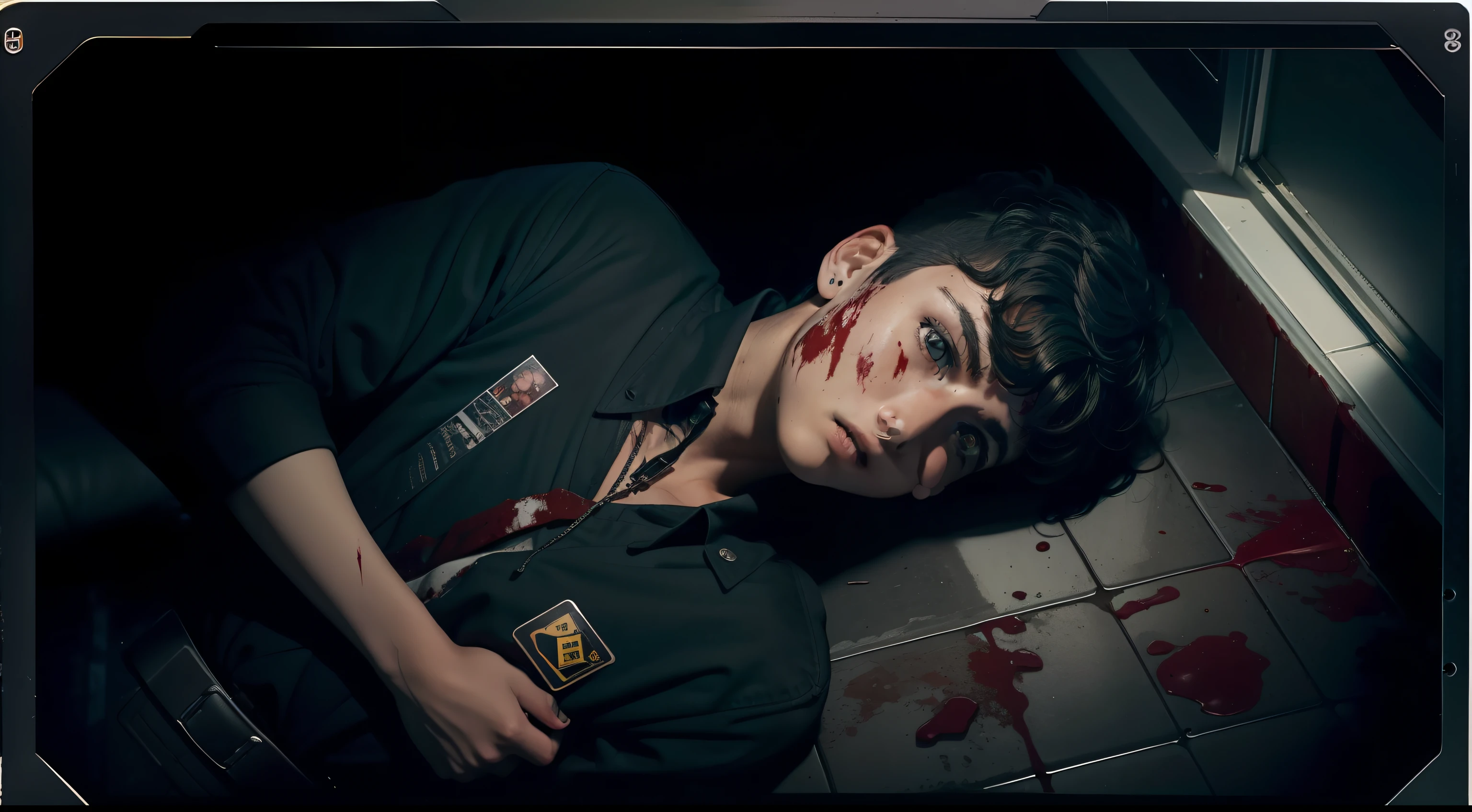 18-year-old boy dropped dead in school bathroom, a lot of blood on the floor, dark, noite, estilo terror, View from above, estilo foto polaroid, 8k, maximum detailed, alta qualidade