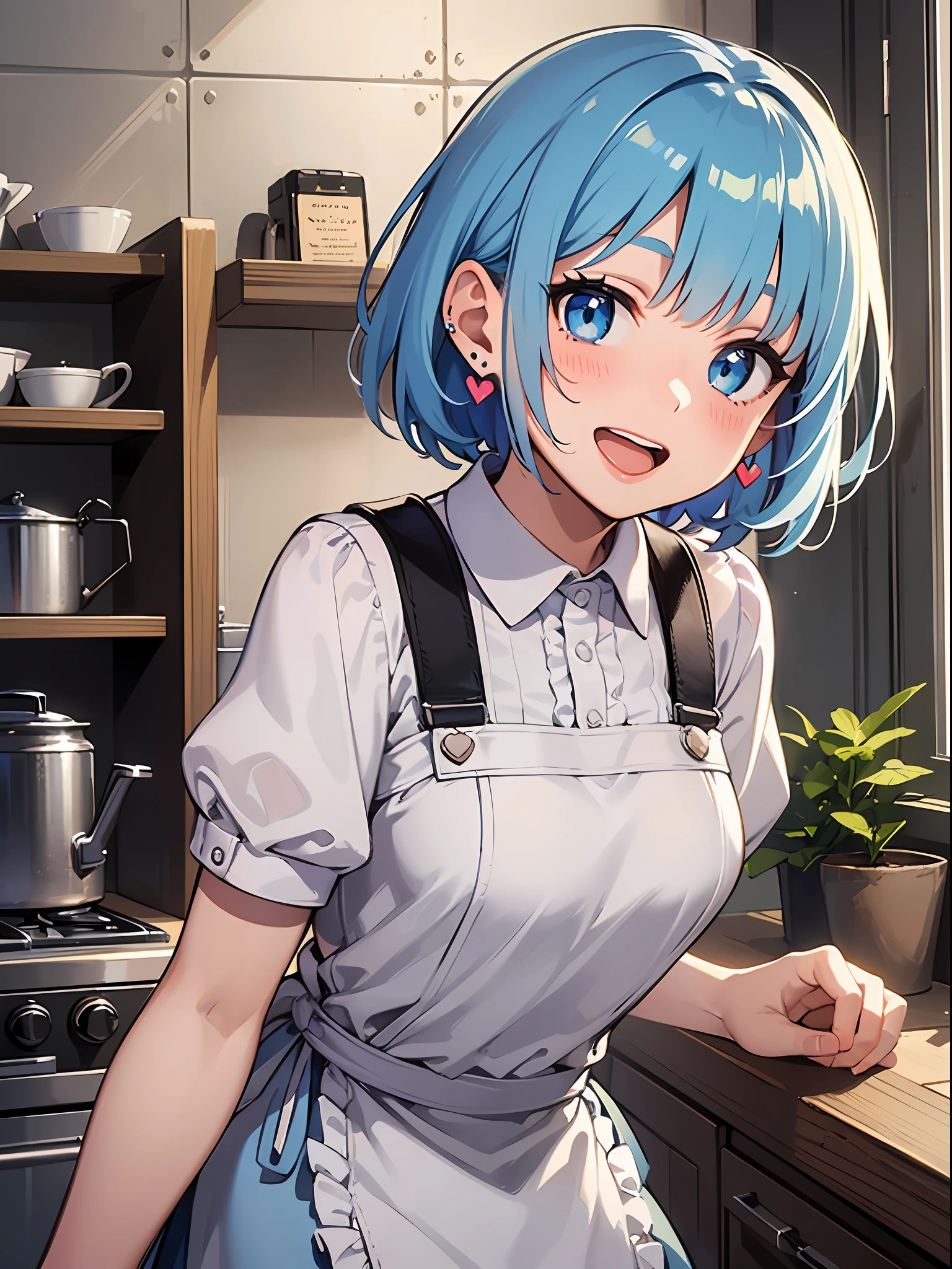 (masterpiece:1.3), (best quality:1.3), high resolution,
couboy shot,
leaning forward, body facing forward,
(one cute girl:1.3), solo,
white skin, small Breast, eight-headed person,
light blue hair, (bobbed hair:1.2), (short hair:1.2), (blunt bangs:1.2), beautiful hair, blue eyes, beautiful detailed eyes,
blush, open mouth, heart, cheerful smile,
apron, earrings,
indoors, kitchen,
shadowlighting,
