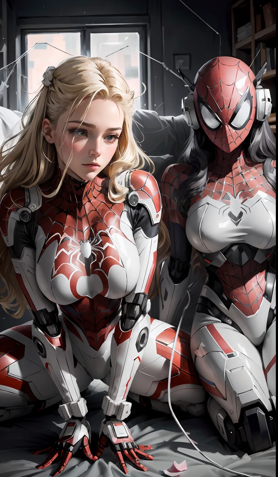 Large wide angle，Full body photo，16 year old spider girl，gwyn，2 women，2 Female Spider-Man，Wenger Spider-Man costume outfit，（(White pink clothing))，Mecha modified clothing，Two female versions of gorgeous Spider-Man，Lie down，Sleep and rest，White slim tights，The Spider-Man logo on the chest，cabellos largos dorados，Cobweb-wrapped，adolable,Beautiful woman detailed spider silhouette body with Spider-Man roleplay，very Bigger breasts,Rest and sleep in a high-class gorgeous bed，dynamicposes，Dynamic shots，Seductive pose,The body is plugged into the power cord to charge，There is a charging hole on the body，The bed was covered with cobwebs，Spider silk is wrapped around the body，Like a mummy，Big heels，There is a robot toy next to it，Mecha element doll toy，High-tech equipment weapons，Spider mech toy，Mechanical treasure chest，24mm，4K textures，low-light，hdr，复杂，with short golden hair，highly details，（side of head shaved：1.3），Sharp focus，insanely details，Complicated details，Lots of rose petals，Hyper-detailing，