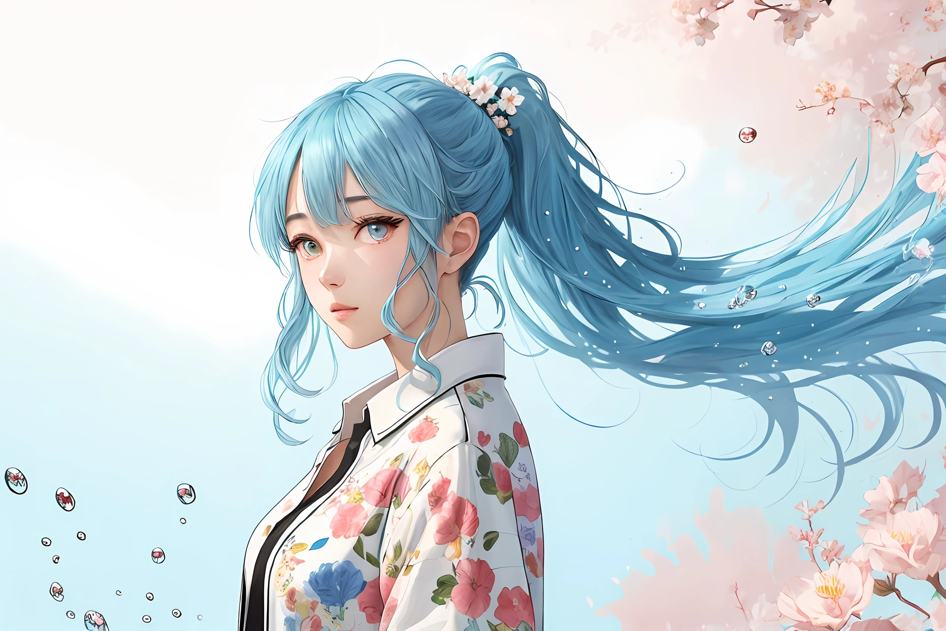 (masterpiece), (best quality), (ultra detailed),(disheveled hair),(illustration), (1girl), (Fashionable clothing), standing, Fashion model, looking at viewer, (interview), (simple background),beautiful detailed eyes, delicate beautiful face, Floating,(high saturation),(colorful splashes),colorful bubble,(shining), focus on face, ponytail, kamisato ayaka, light blue hair, bangs, hair ring, floating flowers, floating hairs, (shining), best lighting, best shadow,