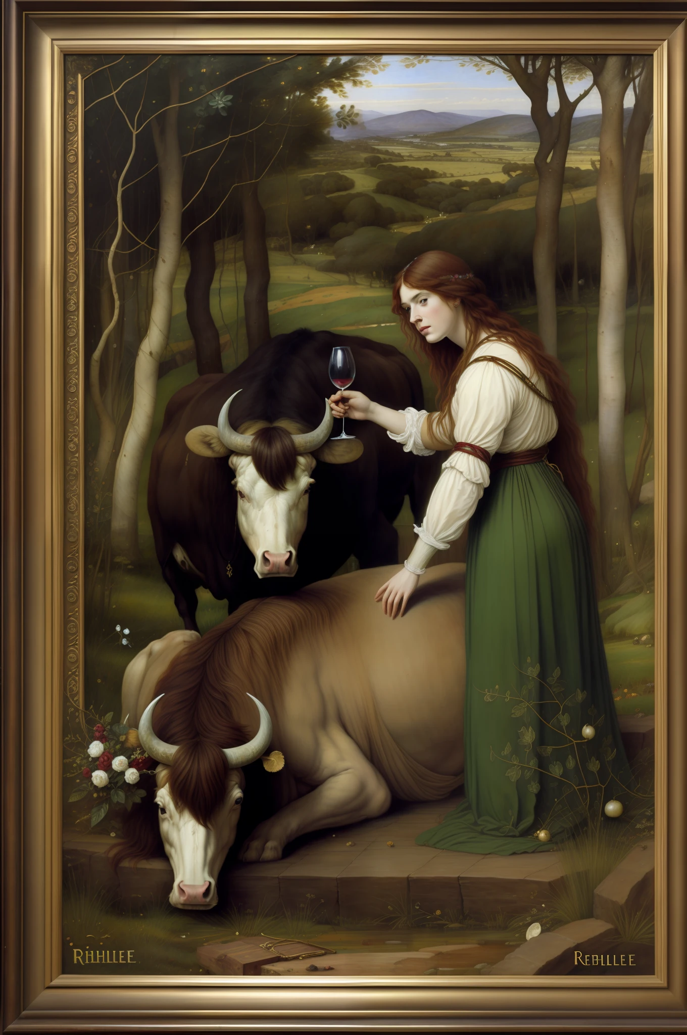 (((Pre Raphaelie Painting))) Sacrifice of a bull by a white-robed Celtic druid. Goblet with wine, sangue, uvas e parreira, sacrifice, Floresta encantada, Celtic Druidic Altar.