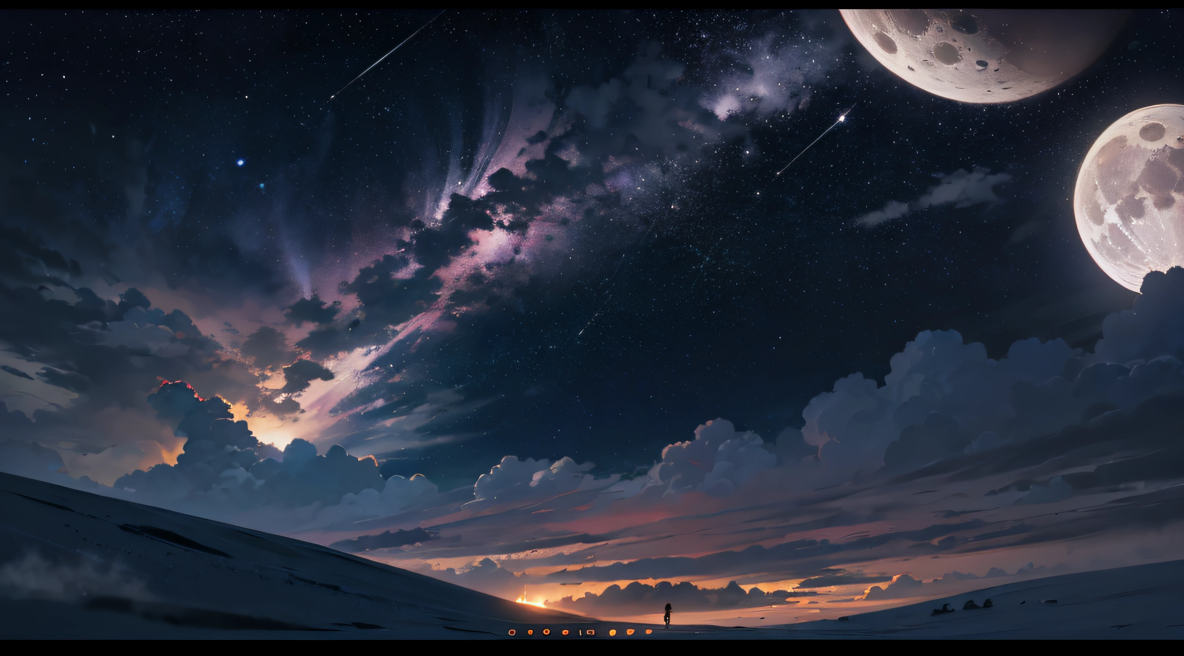 Expansive landscape photograph,(moon full:1.2),(meteors:0.9),(Starcloud:1.3),(Warm light source:1.2),(glowworm:1.2),lamp lights,Lots of purple and orange,Complicated details,Volumetriclighting,Realism BREAK(tmasterpiece:1.2),(best qualtiy),8K,Ultra-detailed,(dynamic compositions:1.4),The is very detailed,Colorful details,(Irridescent color:1.2),(luminouslighting,Atmospheric lighting),dream magical,magical,(独奏:1.2),((best qualtiy)), ((tmasterpiece)), (the detail:1.4),depth of fields,maximum definition and sharpness,perfectly proportions,Fluttering clouds,Wallpapers