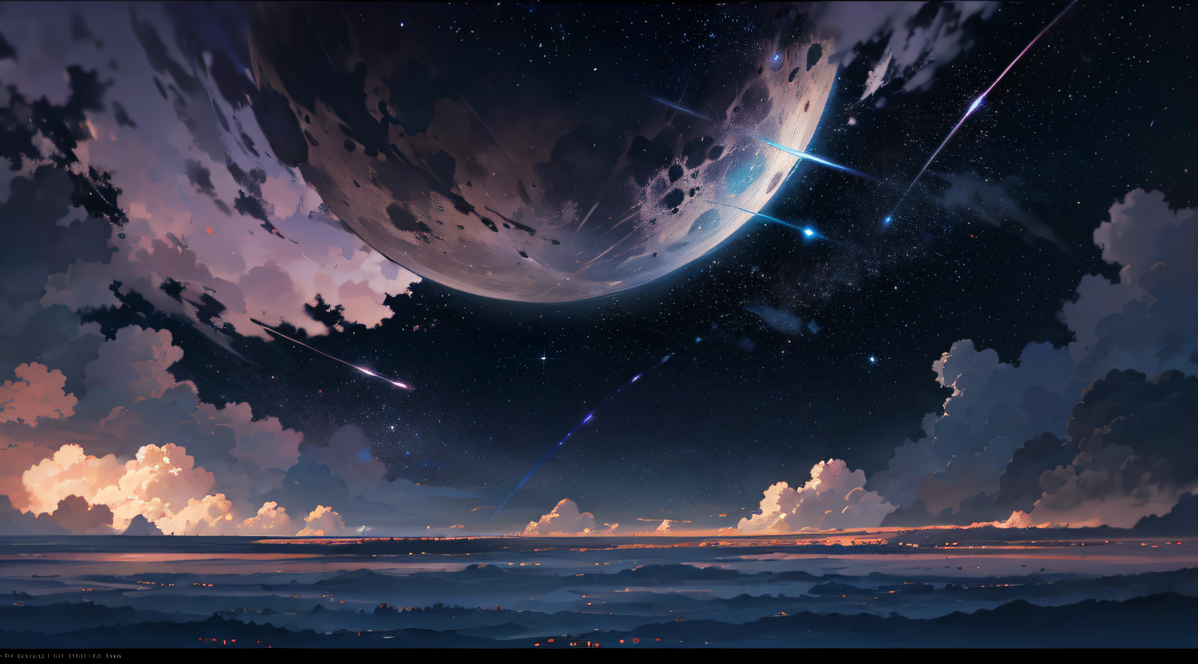 Expansive landscape photograph，（moon full：1.2），（meteors：0.9），（Starcloud：1.3），（Warm light source：1.2），（glowworm：1.2），lamp lights，Lots of purple and orange，Complicated details，Volumetriclighting，Realism BREAK（tmasterpiece：1.2），（best qualtiy），8K，Ultra-detailed，（dynamic compositions：1.4），The is very detailed，Colorful details，（Irridescent color：1.2），（luminouslighting，Atmospheric lighting），dream magical，magical，（独奏：1.2），（（best qualtiy））， （（tmasterpiece））， （the detail：1.4），depth of fields，maximum definition and sharpness，perfectly proportions，Fluttering clouds，Wallpapers