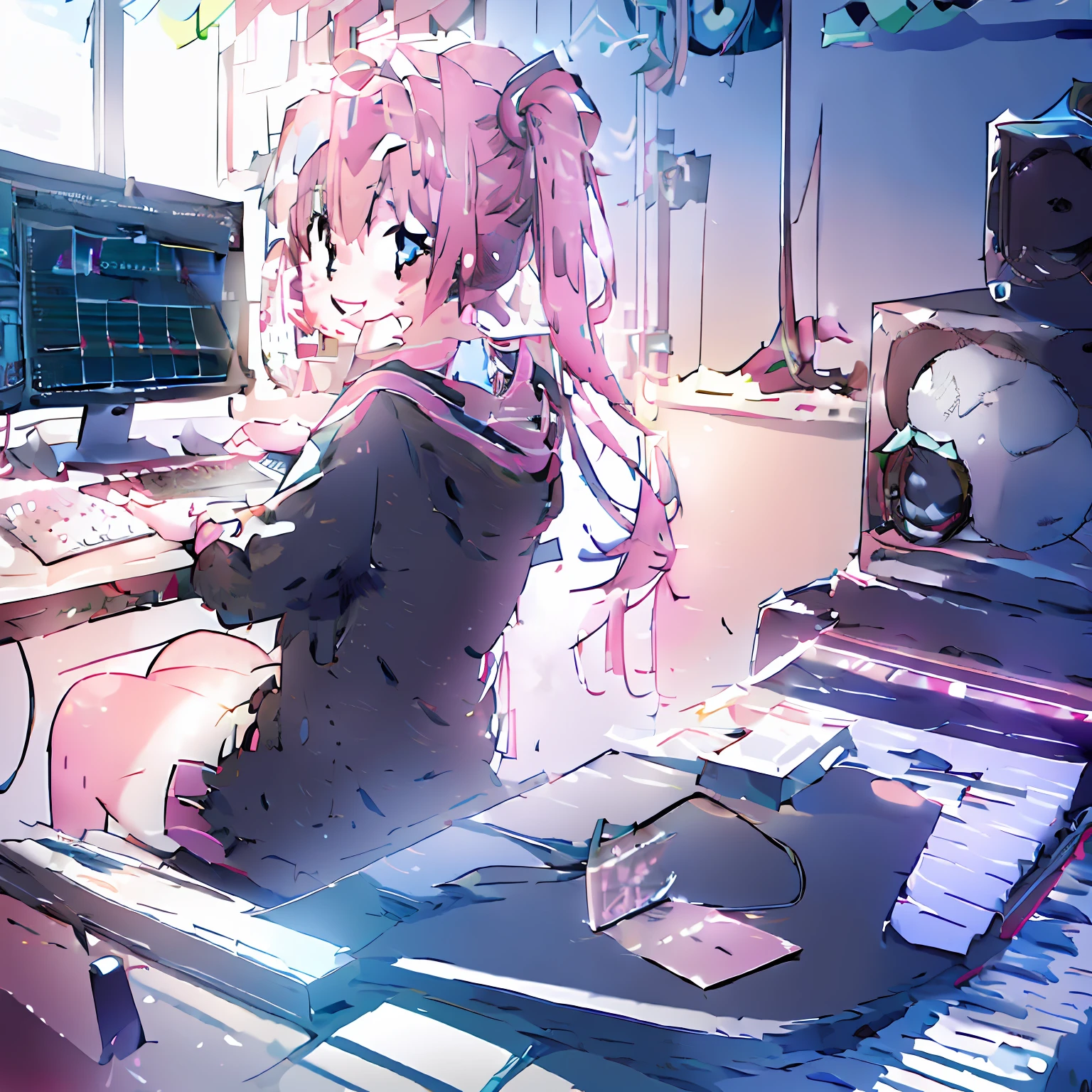 Anime girl sitting at desk with computer and keyboard, nightcore, anime style 4 k, best anime 4k konachan wallpaper, anime art wallpaper 4k, anime art wallpaper 4k, ig studios anime style, Anime art wallpaper 8k, anime wallpaper 4k, anime wallpaper 4 k, 4k anime wallpaper, anime girl desktop background