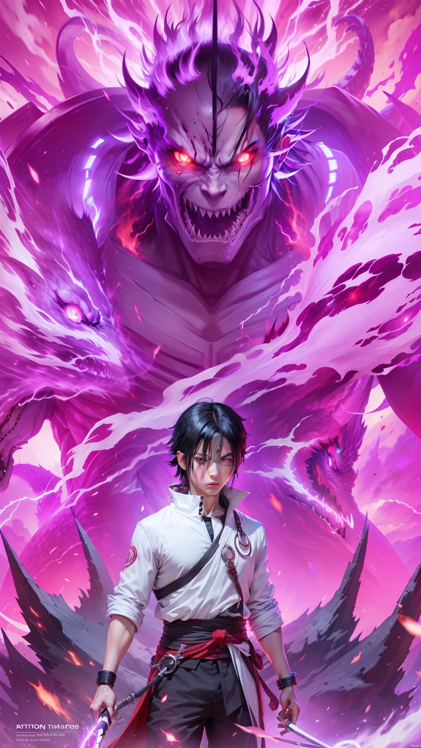 A young guys with black hair, white clothes, red eyes, bloodlust eyes, Purple fire monster, Big monsters, cinematic light, with A sharp gaze, Uchiha Sasuke , Amazing, best quality, 8k, high resolution, ultra realistic, masterpiece, RAW photo, Susano'o,