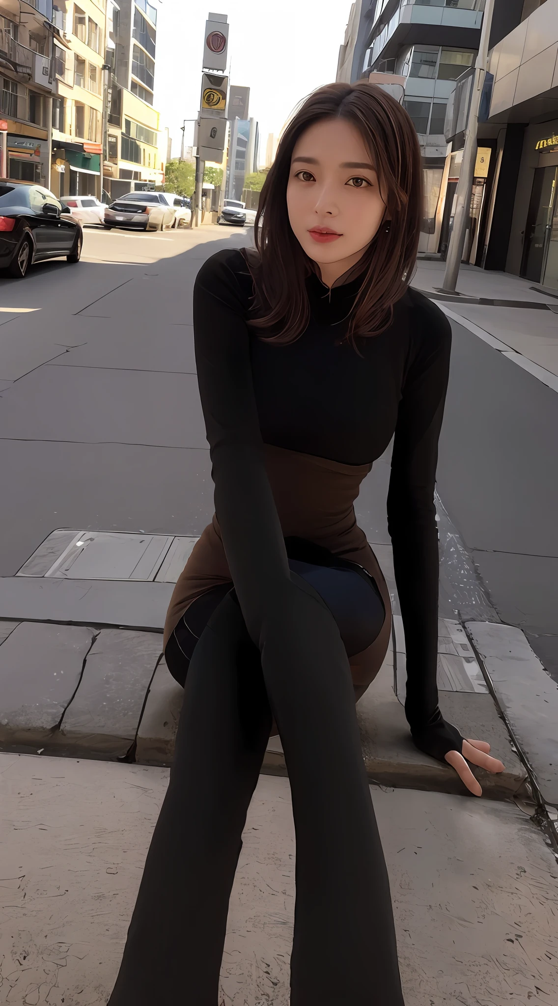 ((Realistic lighting, best qualtiy, 8k, tmasterpiece:1.3)), sharp fokus:1.2, 1girl, Beautiful Women with Perfect Figure:1.4, Slim abs:1.1, ((dark brown hair)), (huge tit,nakeness:1.4),(exteriors,during night:1.1),the city street,Ultra-fine face,Fine eyes,二重まぶた,(Knee-length black stockings:1.5)