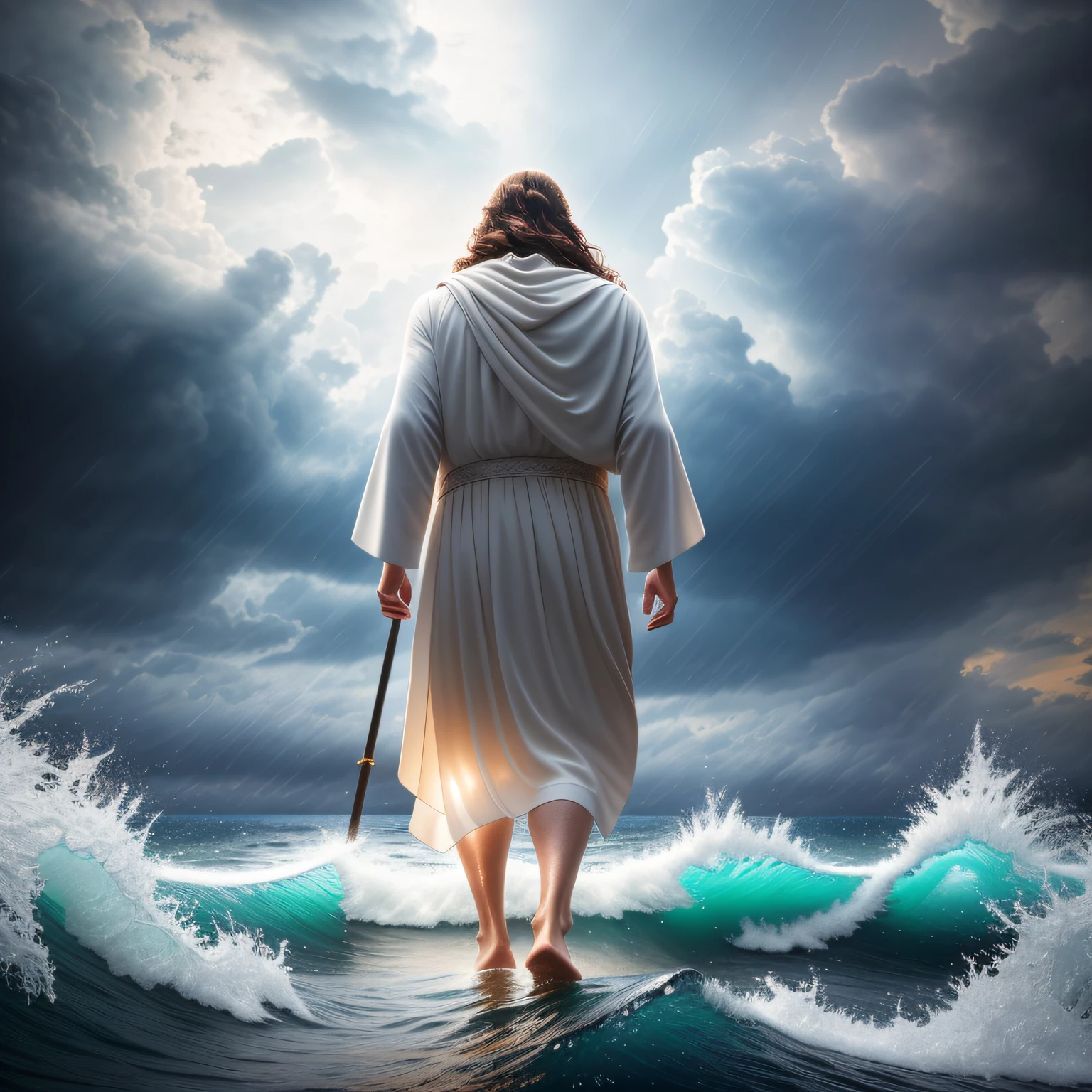 jesus walking on water in a storm, masterpiece, best quality, high quality, extremely detailed CG unit 8k wallpaper, award winning photography, Bokeh, Depth of Field, HDR, bloom, Chromatic aberration, photorealistic, extremely detailed, trending on artstation, trending on CGsociety, intricate, high detail, dramatic, mid-journey art, volumetric lighting