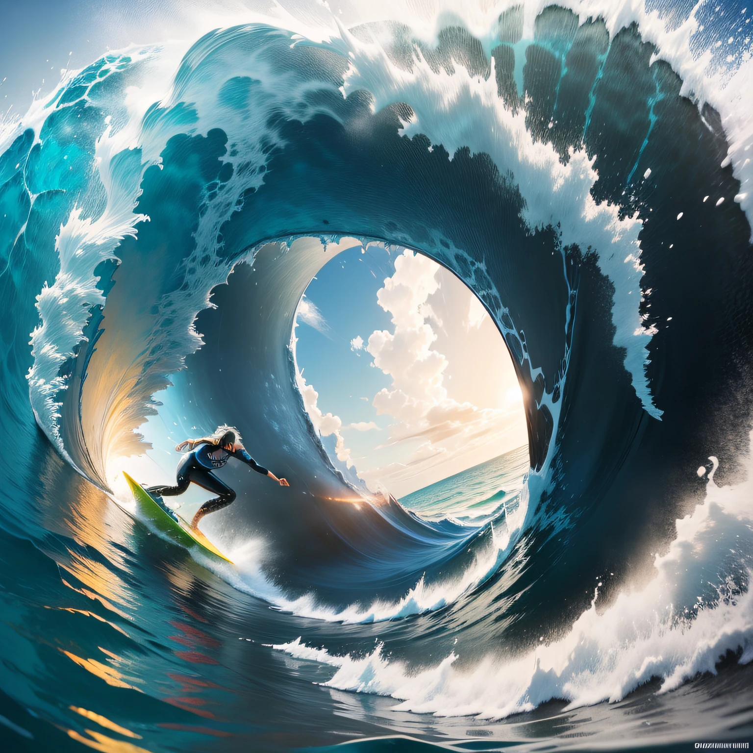 A slow-motion image of a surfer pulling off a radical maneuver inside the tube, with water spraying around them in an explosion of energy.