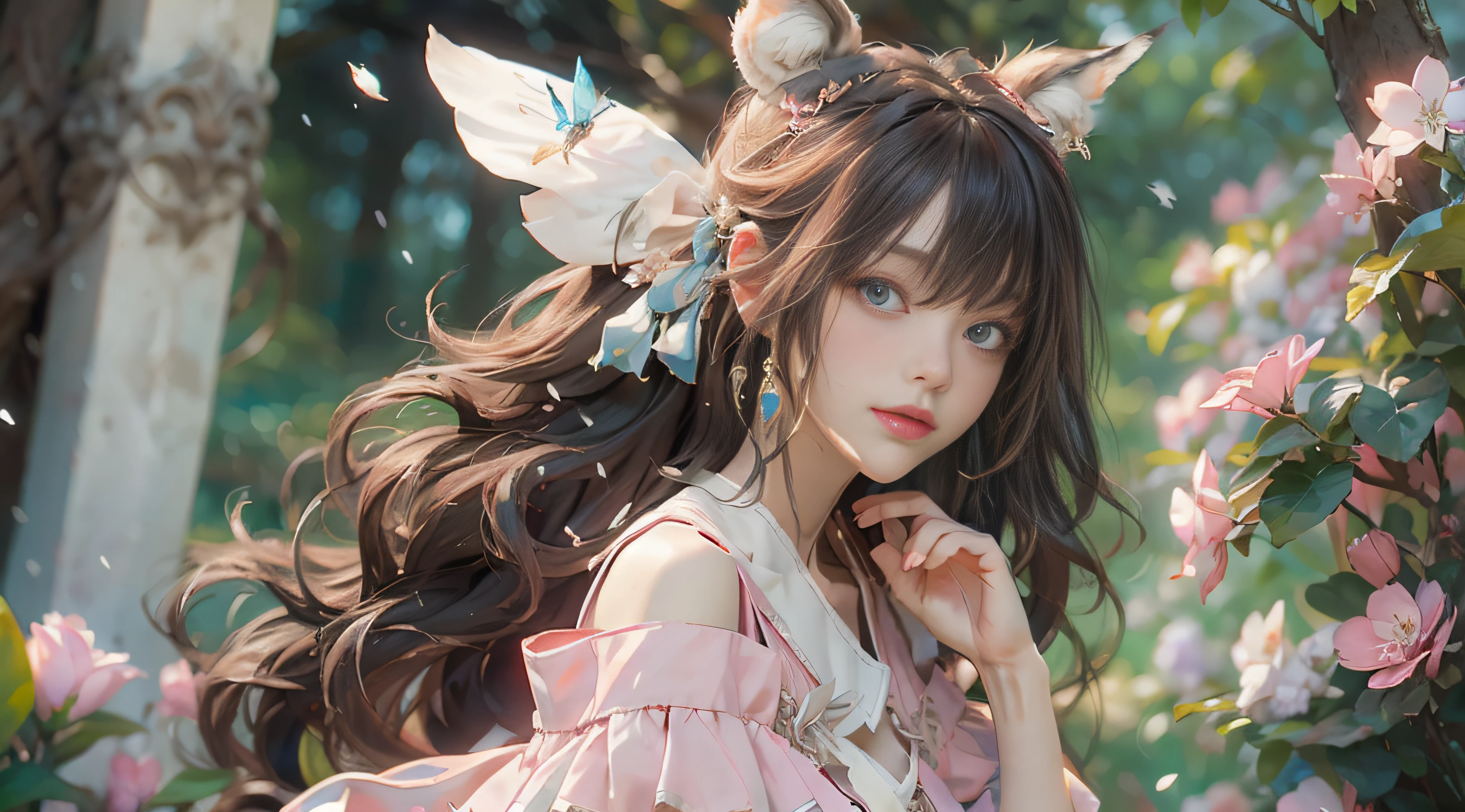 （（best qualtiy））， （（tmasterpiece））， （detail：1.4）， Beautiful cyberpunk female images，hdr（HighDynamicRange），Ray traching，NVIDIA RTX，Hyper-Resolution，illusory 5，sub surface scattering，PBR textures，post-proces，Anisotropy Filtering，depth of fields，maximum definition and sharpness，Many-Layer Textures，Albedo e mapas Speculares，Surface coloring，Mitsu-Accurate simulation of material interactions，perfectly proportioned，rendering by octane，Two-colored light，largeaperture，Low ISO，White balance，Rule three points、8K raw data、Beautiful bright blue pupils，off-the-shoulder clothes，Fine pupils，Delicate face and eyes，long eyelasher，Blushlush，Delicate and fluffy hair，pink lip，Pure，Cute face，Sweet girl，Artistic sense，Casual wear，Advancedsense，butterflys，Cherry blossom petal，Beautiful hair accessories，Long hair and waist，Hair fluttering in the wind，Snow-white fox ears，curlies