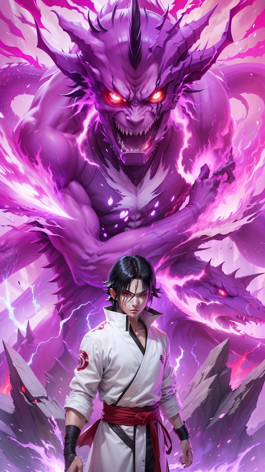 A young guys with black hair, white clothes, red eyes, bloodlust eyes, Purple fire monster, Big monsters, cinematic light, with A sharp gaze, Uchiha Sasuke , Amazing, best quality, 8k, high resolution, ultra realistic, masterpiece, RAW photo, Susano'o,