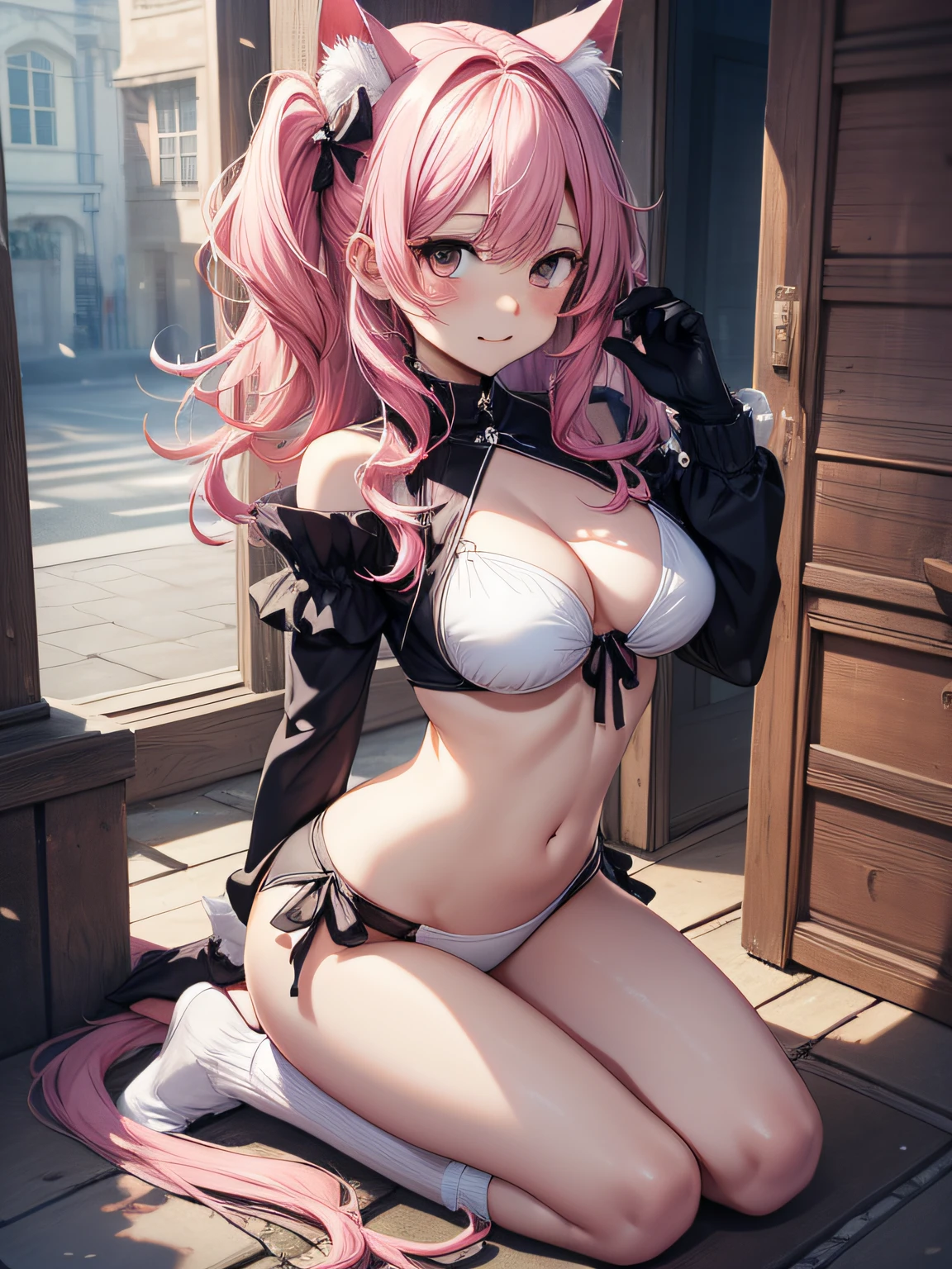 absurdres、Ultra-detail、masterwork、maximum quality、break、Official Art、(Beautifully Aesthetic:1.2)、(water colors:During)、break、Devilish Pretty Girl 1.2、beautifulgirl、(kawaii:⒈3)、、break、Colorful hair、Splash、(Mixed blue and pink hair:1.2)、(Fractal Art 1.3)、break、cat ear、A sexy、(Cat gloves、Fluffy hands)、break、Like a cat's paw、Short socks、humanoide、break、white bikini、break、red-eyed、break、from side、looking the viewer、break、Plush bets、Tomorrow morning、break、break、Shyness、tension、blushes、happy smiling、break、Showa gravure、break、Kneeling、break、