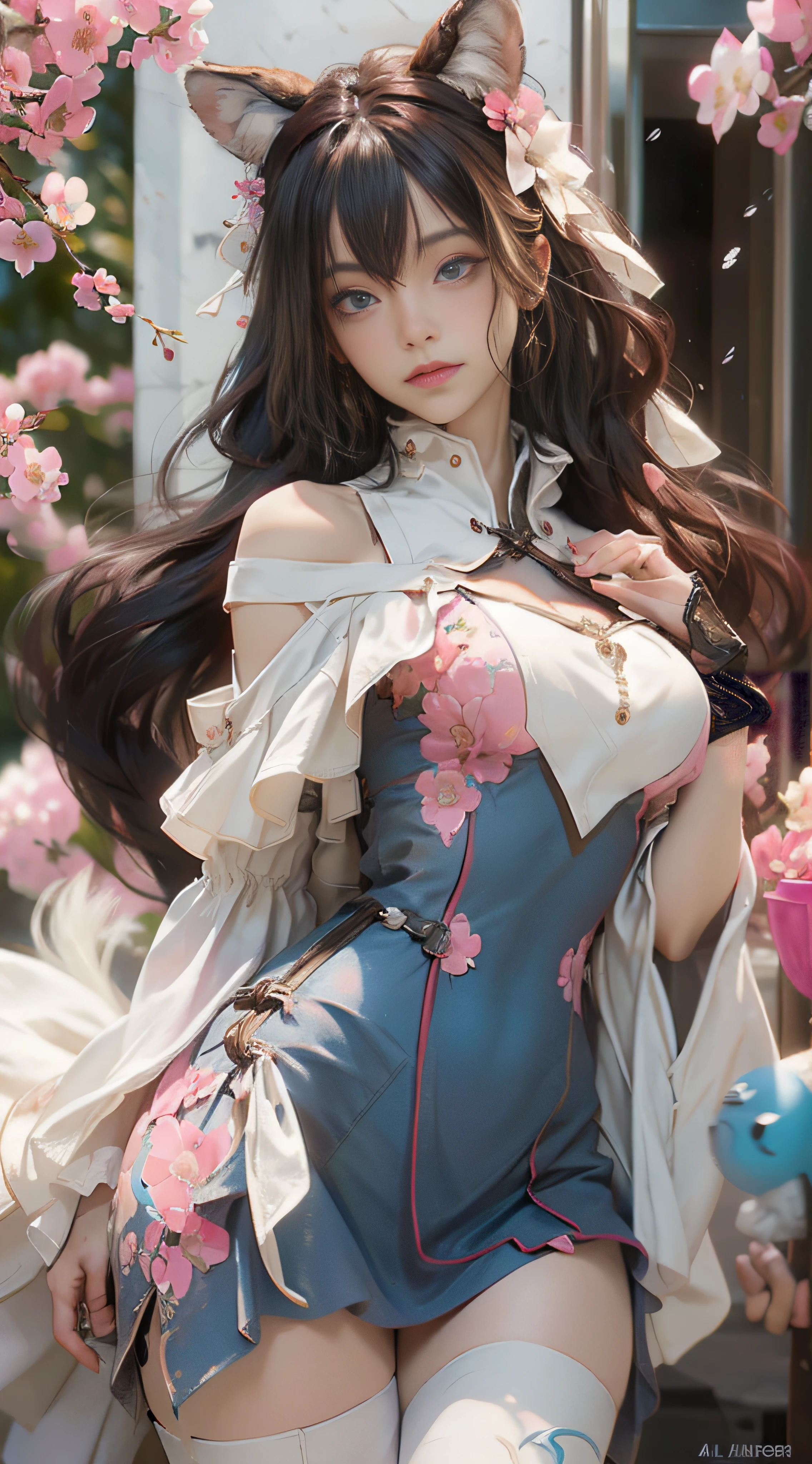 （（best qualtiy））， （（tmasterpiece））， （detail：1.4）， Beautiful cyberpunk female images，hdr（HighDynamicRange），Ray traching，NVIDIA RTX，Hyper-Resolution，illusory 5，sub surface scattering，PBR textures，post-proces，Anisotropy Filtering，depth of fields，maximum definition and sharpness，Many-Layer Textures，Albedo e mapas Speculares，Surface coloring，Mitsu-Accurate simulation of material interactions，perfectly proportioned，rendering by octane，Two-colored light，largeaperture，Low ISO，White balance，Rule three points、8K raw data、Beautiful bright blue pupils，off-the-shoulder clothes，Fine pupils，Delicate face and eyes，long eyelasher，Blushlush，Delicate and fluffy hair，pink lip，Pure，Cute face，Sweet girl，Artistic sense，Casual wear，Advancedsense，butterflys，Cherry blossom petal，Beautiful hair accessories，Long hair and waist，Hair fluttering in the wind，Snow-white fox ears，curlies，Snow-white fluffy tail