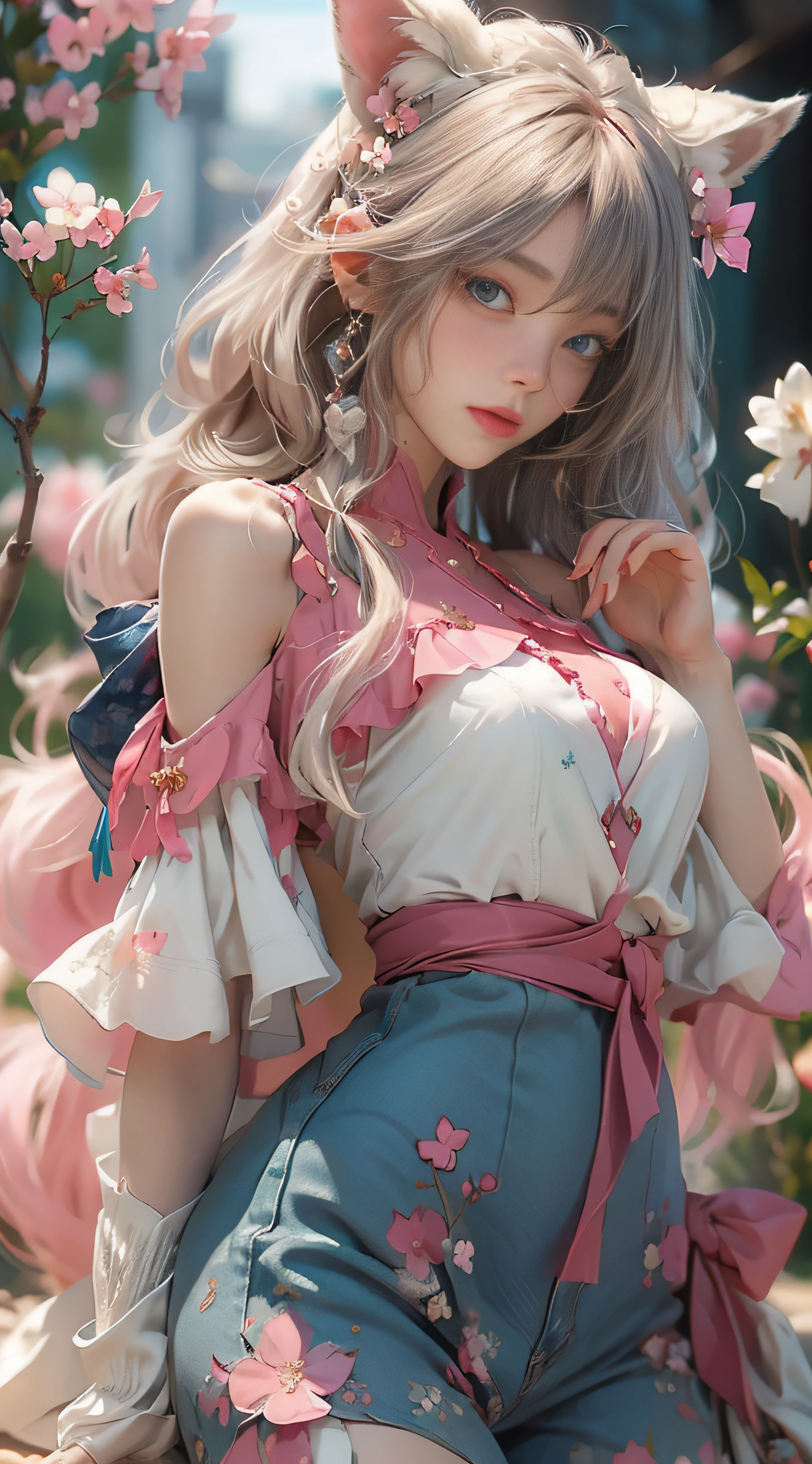 ((best qualtiy)), ((tmasterpiece)), (detail:1.4), Beautiful cyberpunk female images,hdr(HighDynamicRange),Ray traching,NVIDIA RTX,Hyper-Resolution,illusory 5,sub surface scattering,PBR textures,post-proces,Anisotropy Filtering,depth of fields,maximum definition and sharpness,Many-Layer Textures,Albedo e mapas Speculares,Surface coloring,Mitsu-Accurate simulation of material interactions,perfectly proportioned,rendering by octane,Two-colored light,largeaperture,Low ISO,White balance,Rule three points、8K raw data、Beautiful bright blue pupils,off-the-shoulder clothes,Fine pupils,Delicate face and eyes,long eyelasher,Blushlush,Delicate and fluffy hair,pink lip,Pure,Cute face,Sweet girl,Artistic sense,Casual wear,Advancedsense,butterflys,Cherry blossom petal,Beautiful hair accessories,Long hair and waist,Hair fluttering in the wind,Snow-white fox ears,curlies,Snow-white fluffy tail