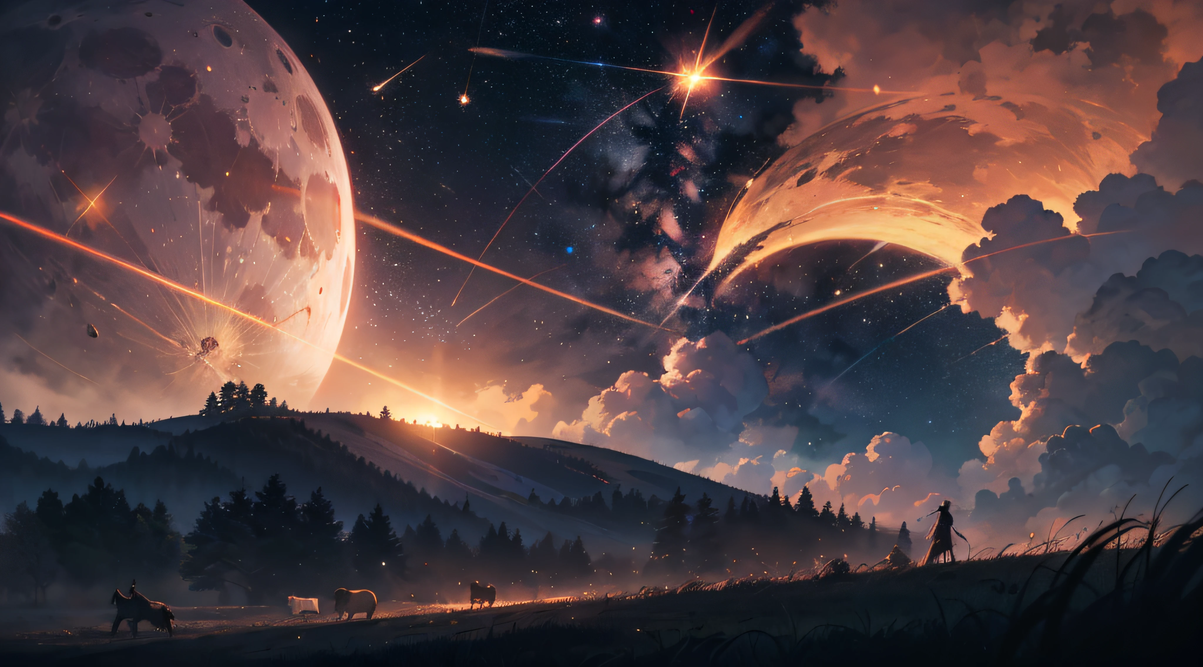Expansive landscape photograph，（moon full：1.2），（meteors：0.9），（Starcloud：1.3），（Warm light source：1.2），（glowworm：1.2），lamp lights，Lots of purple and orange，Complicated details，Volumetriclighting，Realism BREAK（tmasterpiece：1.2），（best qualtiy），8K，Ultra-detailed，（dynamic compositions：1.4），The is very detailed，Colorful details，（Irridescent color：1.2），（luminouslighting，Atmospheric lighting），dream magical，magical，（独奏：1.2），（（best qualtiy））， （（tmasterpiece））， （the detail：1.4），depth of fields，maximum definition and sharpness，perfectly proportions，Fluttering clouds，Wallpapers