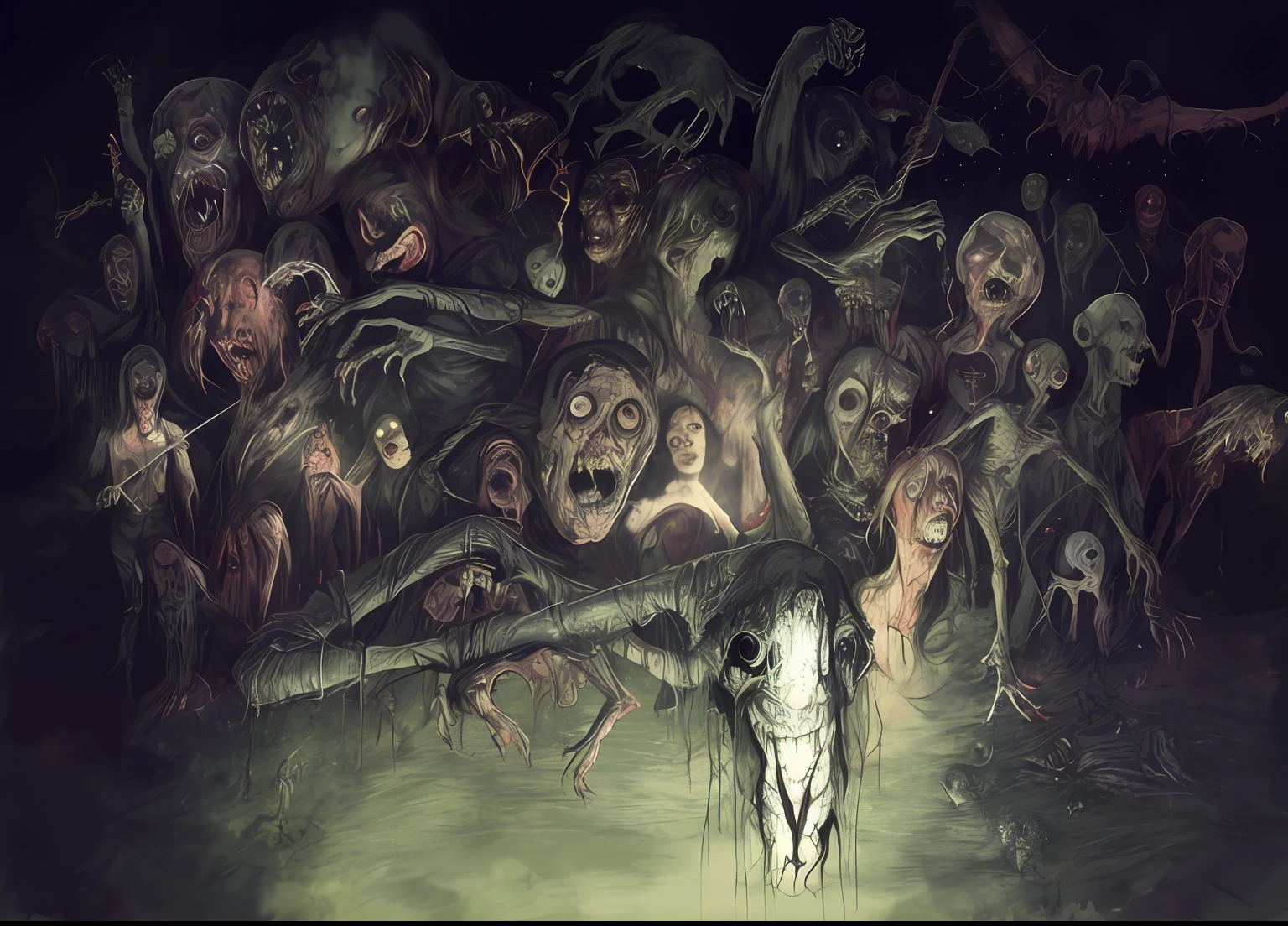 there are many different types of zombies in this picture, creepy!!, horror fantasy art, scary art, fantasy horror art, dark fantasy horror art, nightmarish illustration, horror concept art, creepy!!!, scary creatures, detailed 4k horror artwork, lovecraftian horror, horror painting, silent hill concept art, ( ( ( horror art ) ) )