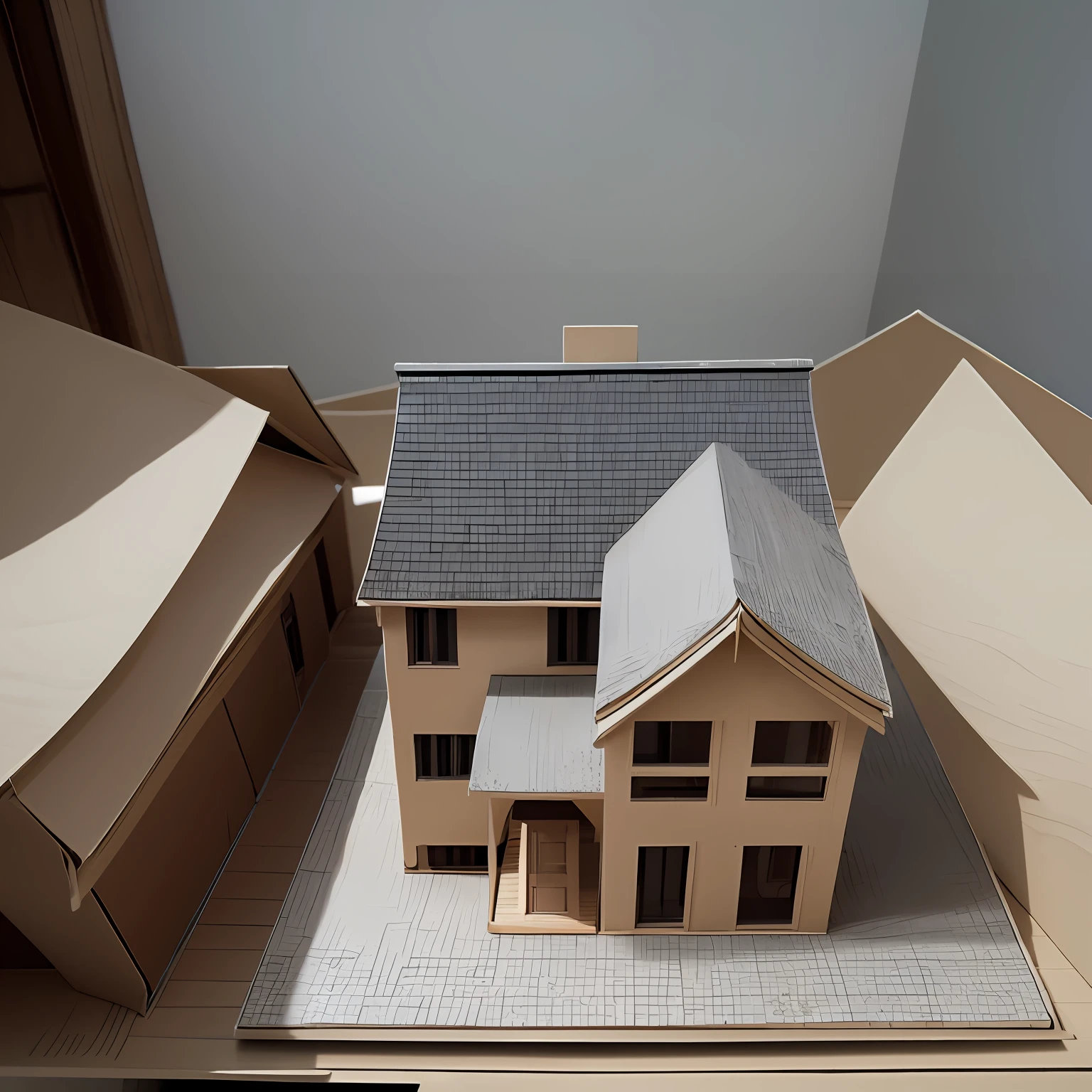 architectural model on paper, cardboard roof, casa, highes definition, monocromatic, cardboard topography